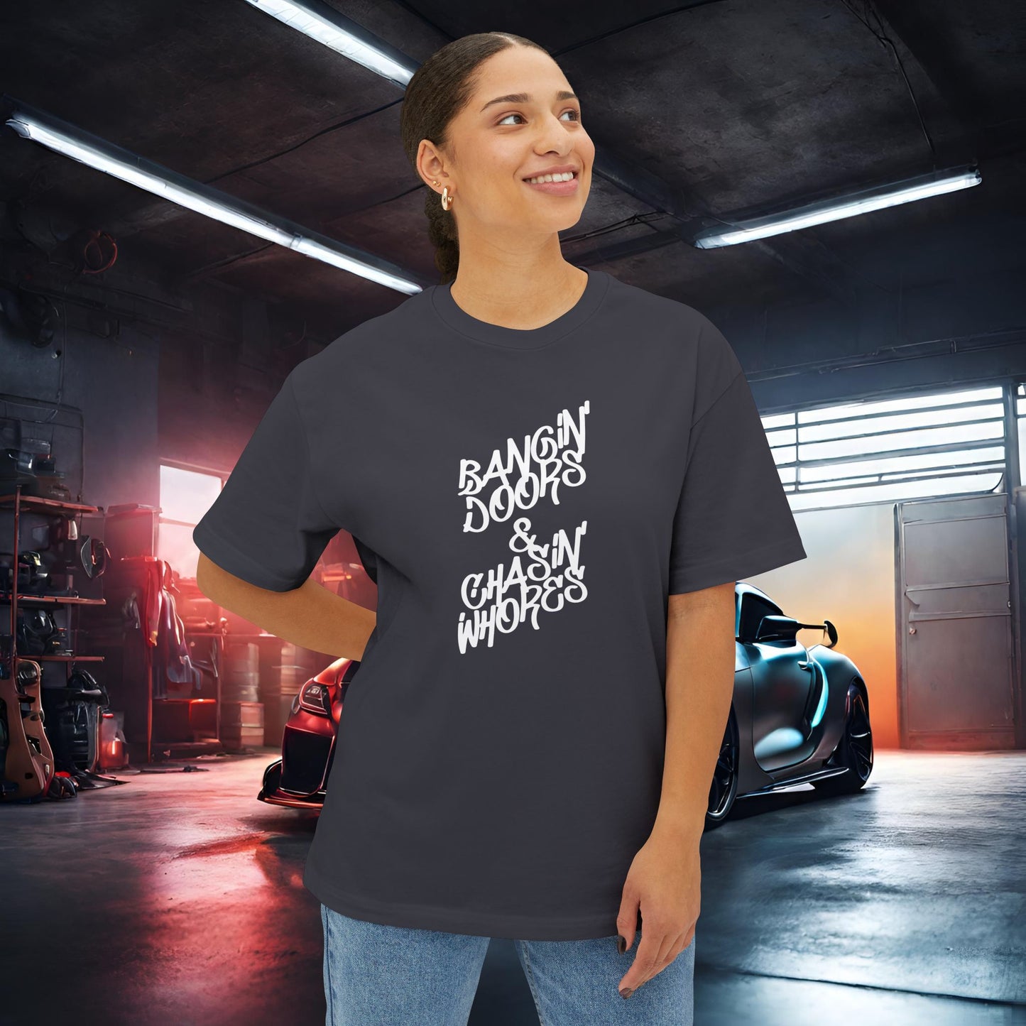 Bangin' Doors & Chasin' Whores-Premium, Ultra Soft Unisex Oversized Boxy Tee Printify by The Night Shift Automotive Apparel