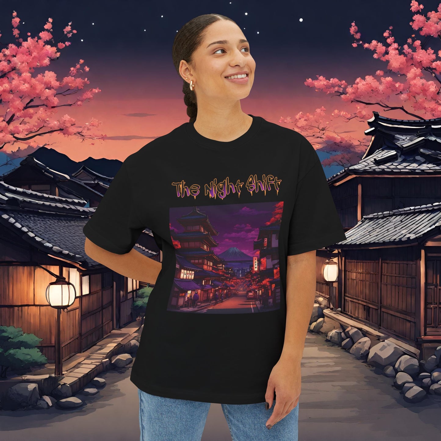 Volcanic Japanese Village-Premium, Ultra Soft Unisex Oversized Boxy Tee Printify by The Night Shift Automotive Apparel