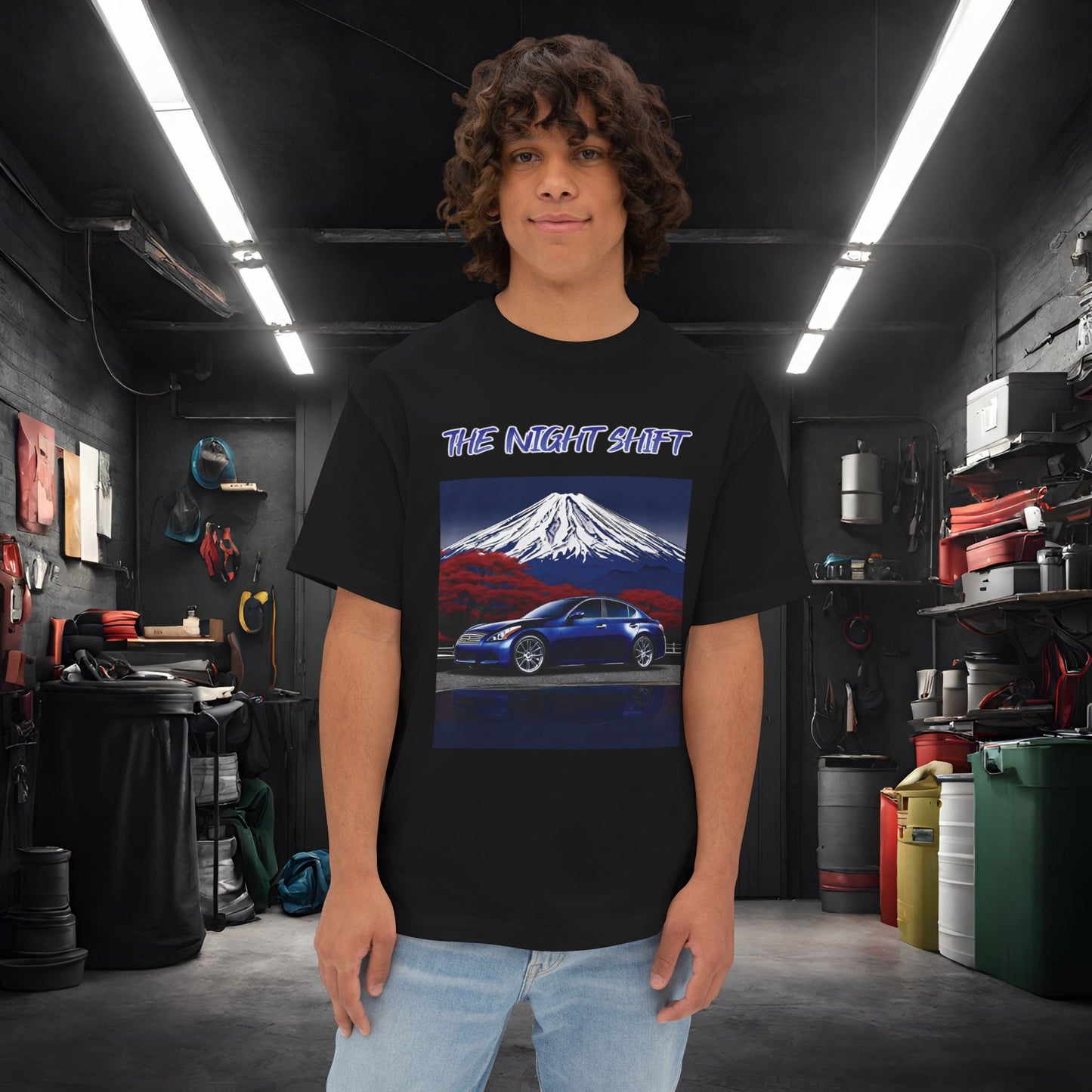 Infiniti G37 Sedan Mt Fuji-Premium, Ultra Soft Unisex Oversized Boxy Tee Black Printify by The Night Shift Automotive Apparel