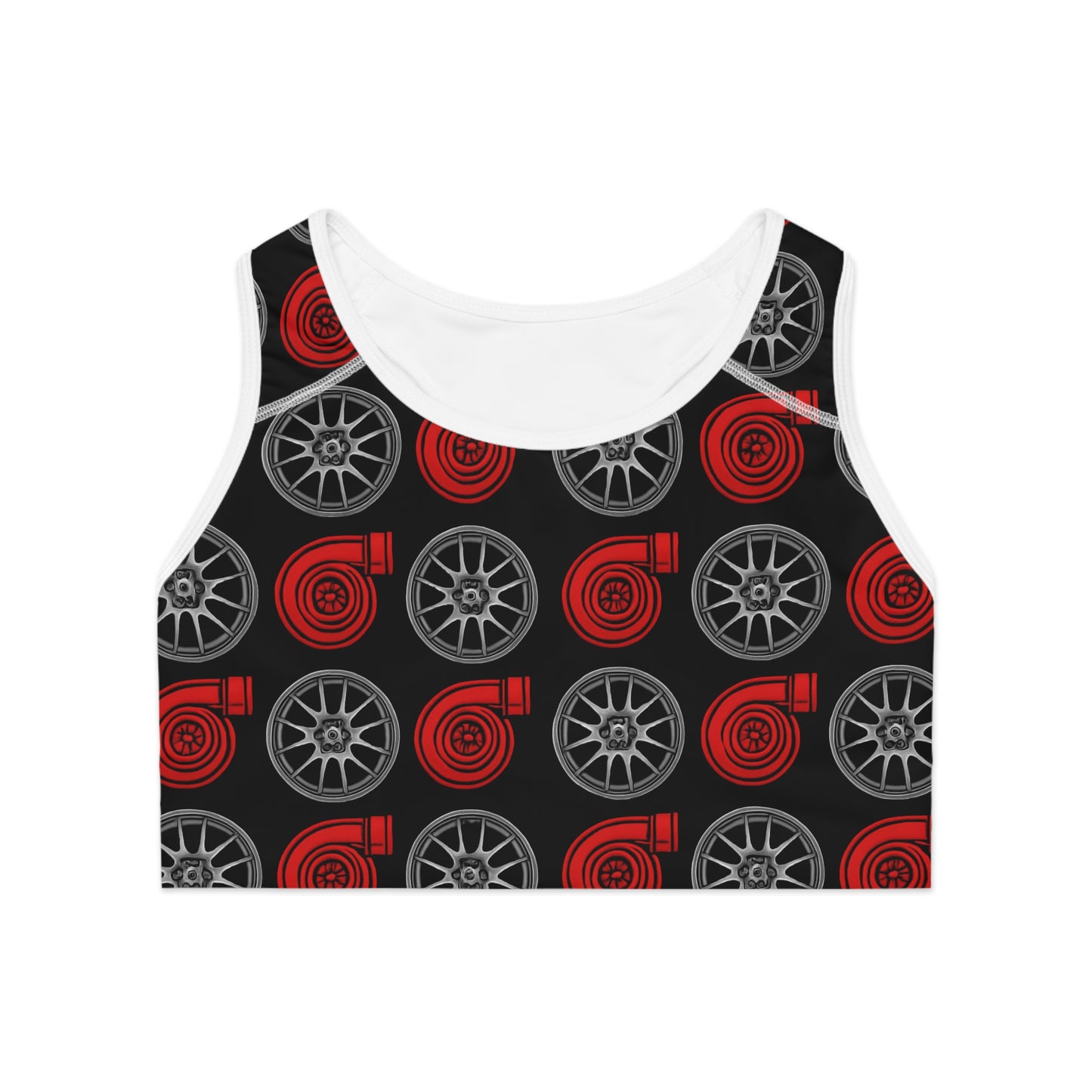 Women's Sports Bra White stitching Printify by The Night Shift Automotive Apparel