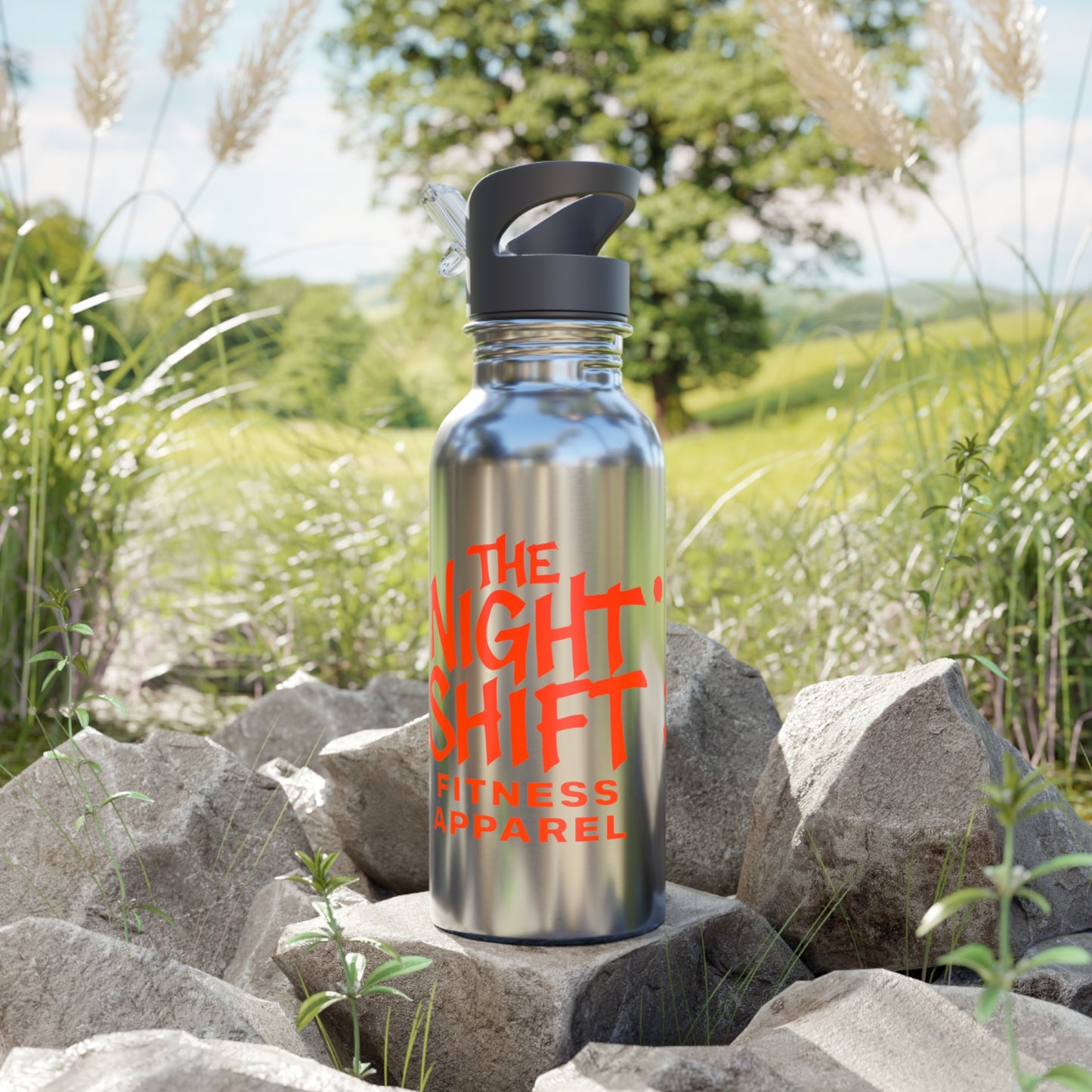 Stainless Steel Water Bottle With Straw, 20oz 20oz Silver Printify by The Night Shift Automotive Apparel