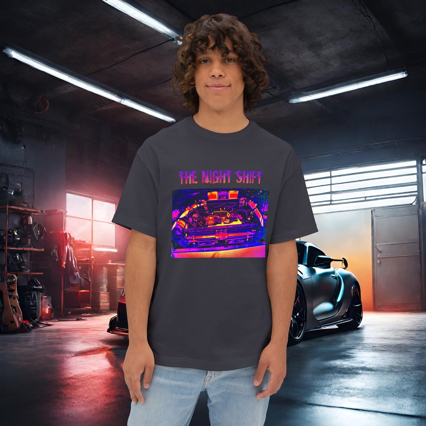 VQ37VHR Single Turbo-Premium, Ultra Soft Synthwave Unisex Oversized Boxy Tee Dark Grey Printify by The Night Shift Automotive Apparel