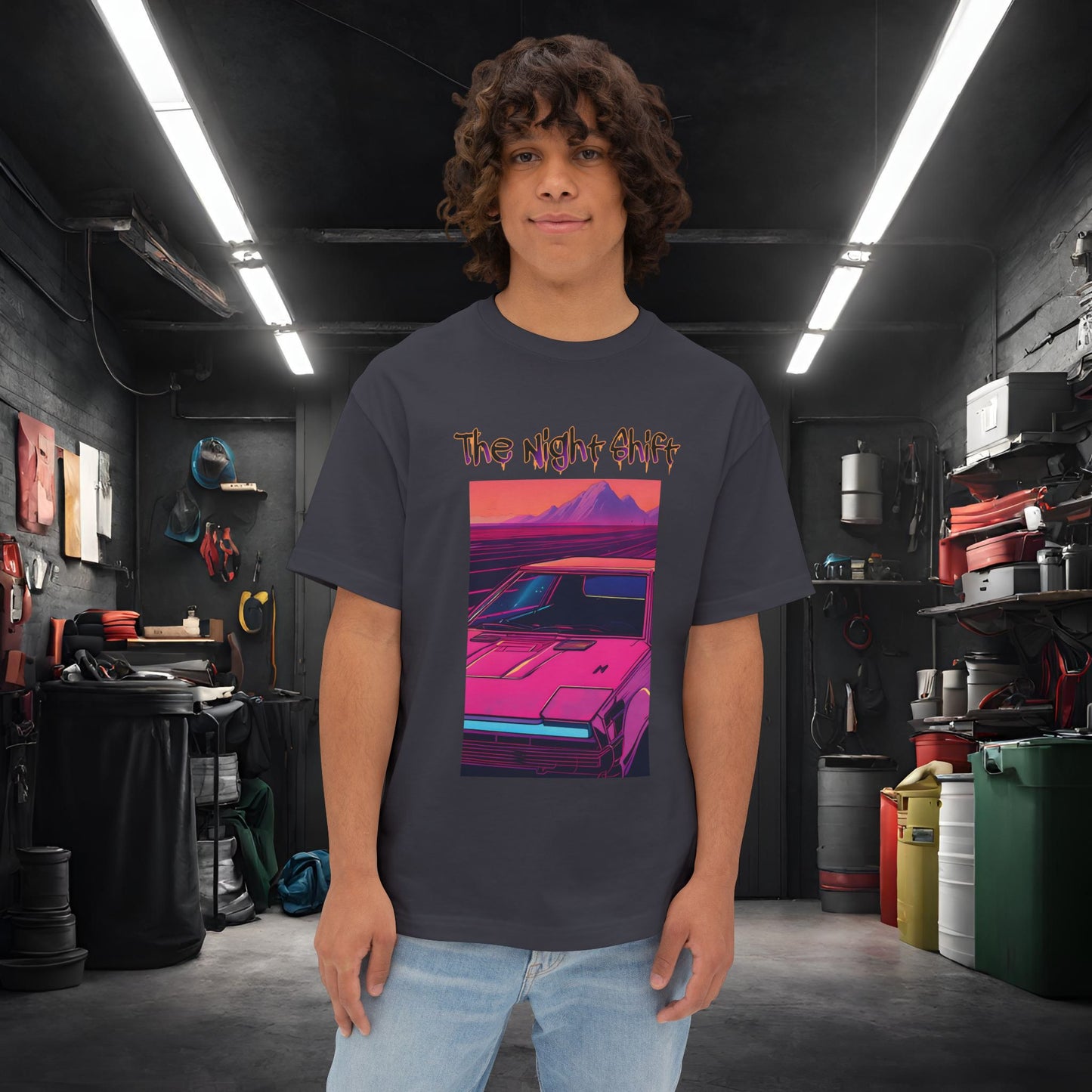 Nostalgic Synthwave-Premium, Ultra Soft Unisex Oversized Boxy Tee Dark Grey Printify by The Night Shift Automotive Apparel