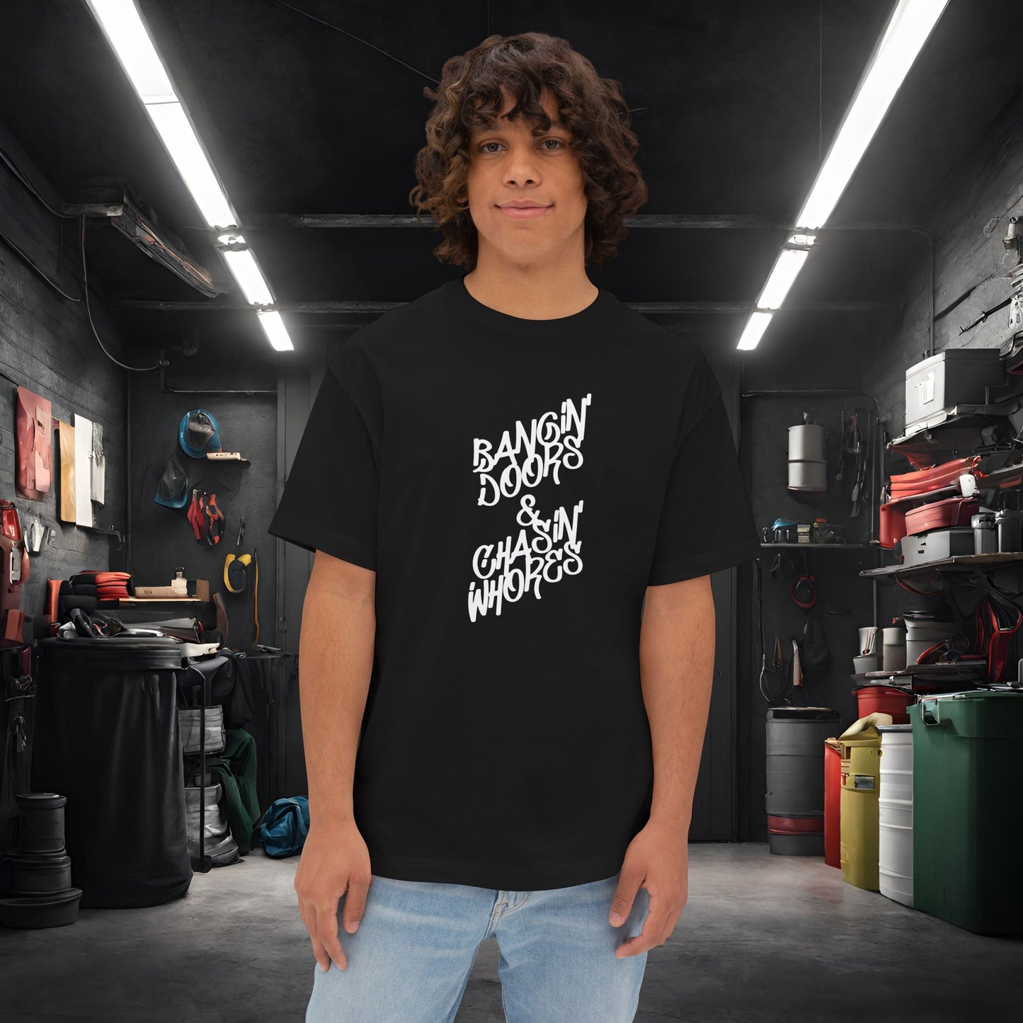 Bangin' Doors & Chasin' Whores-Premium, Ultra Soft Unisex Oversized Boxy Tee Black Printify by The Night Shift Automotive Apparel