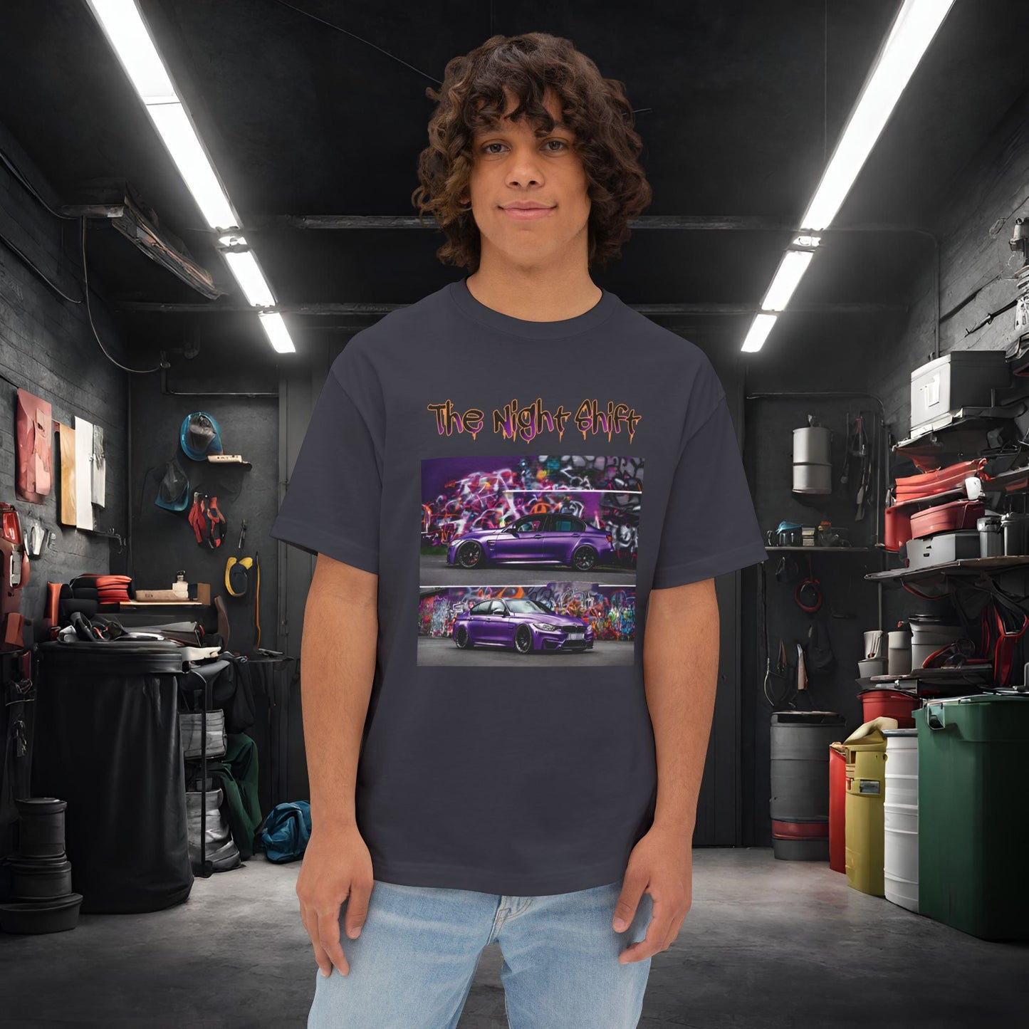 BMW M3 Graffiti-Premium, Ultra Soft Unisex Oversized Boxy Tee Dark Grey Printify by The Night Shift Automotive Apparel