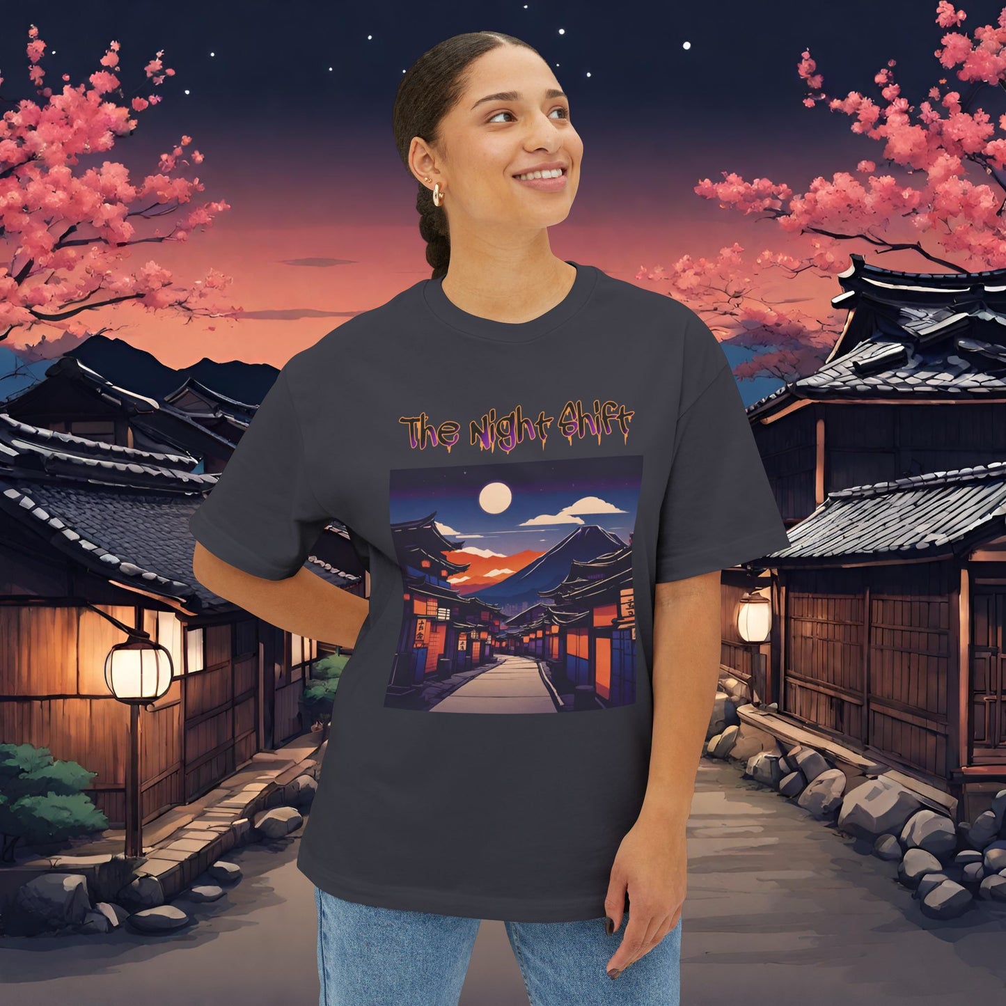 Volcanic Japanese Traditional Village-Premium, Ultra Soft Unisex Oversized Boxy Tee Printify by The Night Shift Automotive Apparel