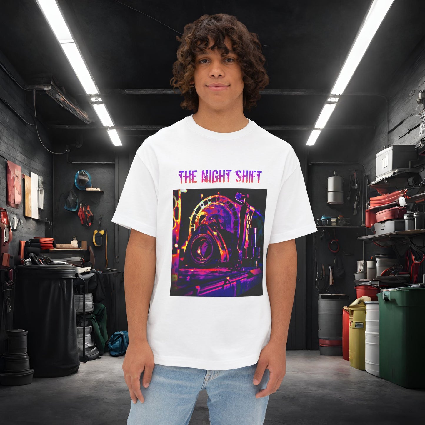 13B-REW Synthwave-Premium, Ultra Soft Unisex Oversized Boxy Tee White Printify by The Night Shift Automotive Apparel