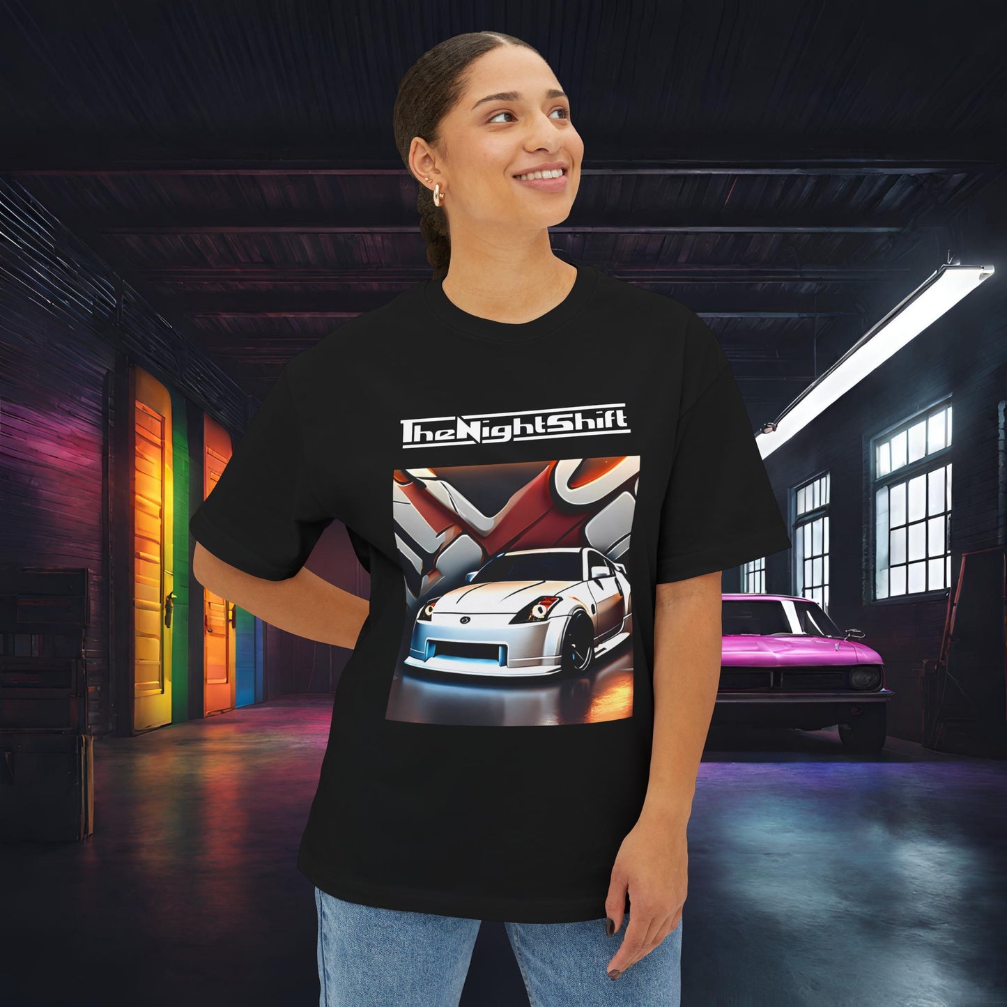 Nissan 350z Graffiti Wall-Premium, Ultra Soft, Unisex Oversized Boxy Tee Printify by The Night Shift Automotive Apparel