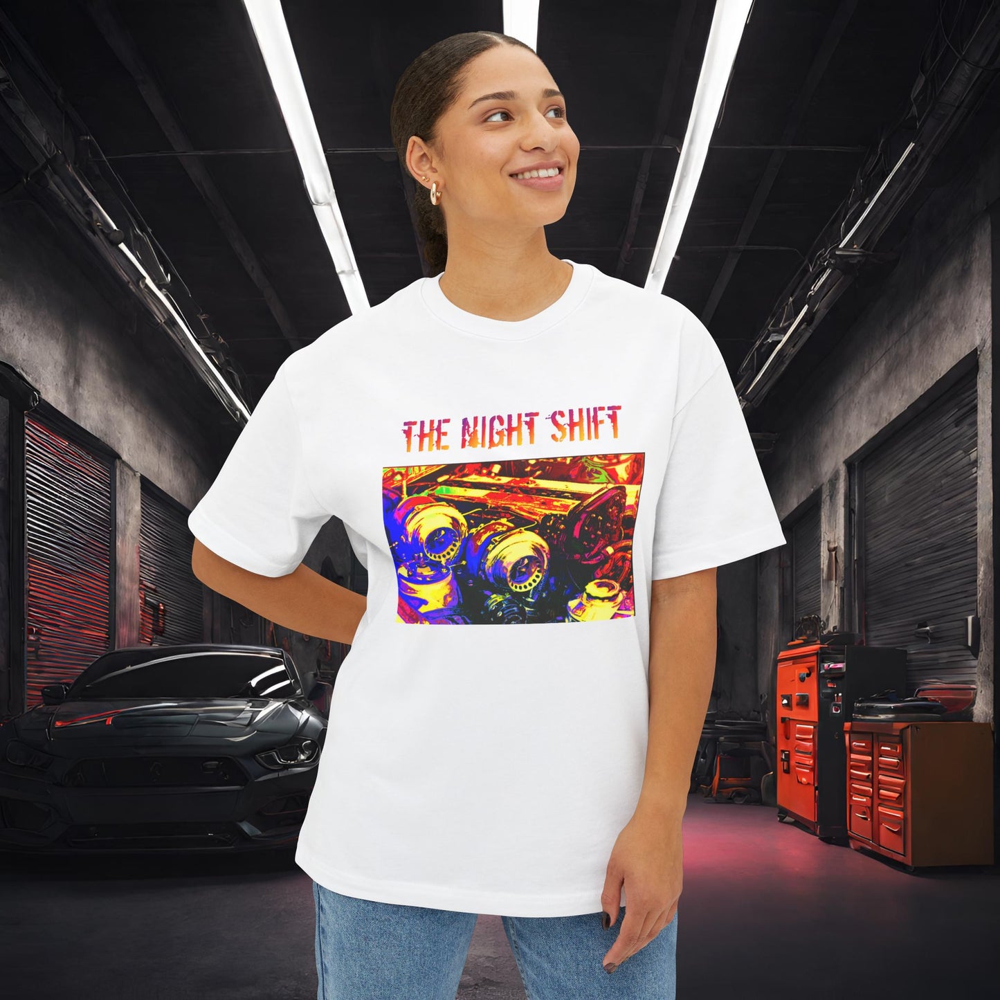 1JZ-GTE Twin Turbo Synthwave-Premium, Ultra Soft Unisex Oversized Boxy Tee Printify by The Night Shift Automotive Apparel
