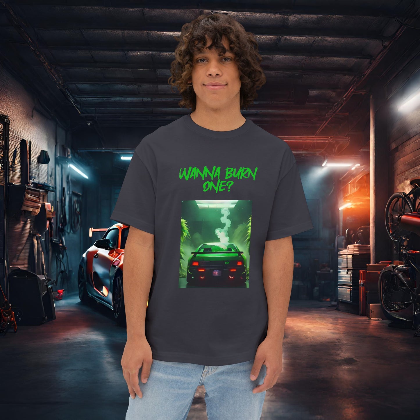 Wanna Burn One-Premium, Ultra Soft Unisex Oversized Boxy Tee Dark Grey Printify by The Night Shift Automotive Apparel