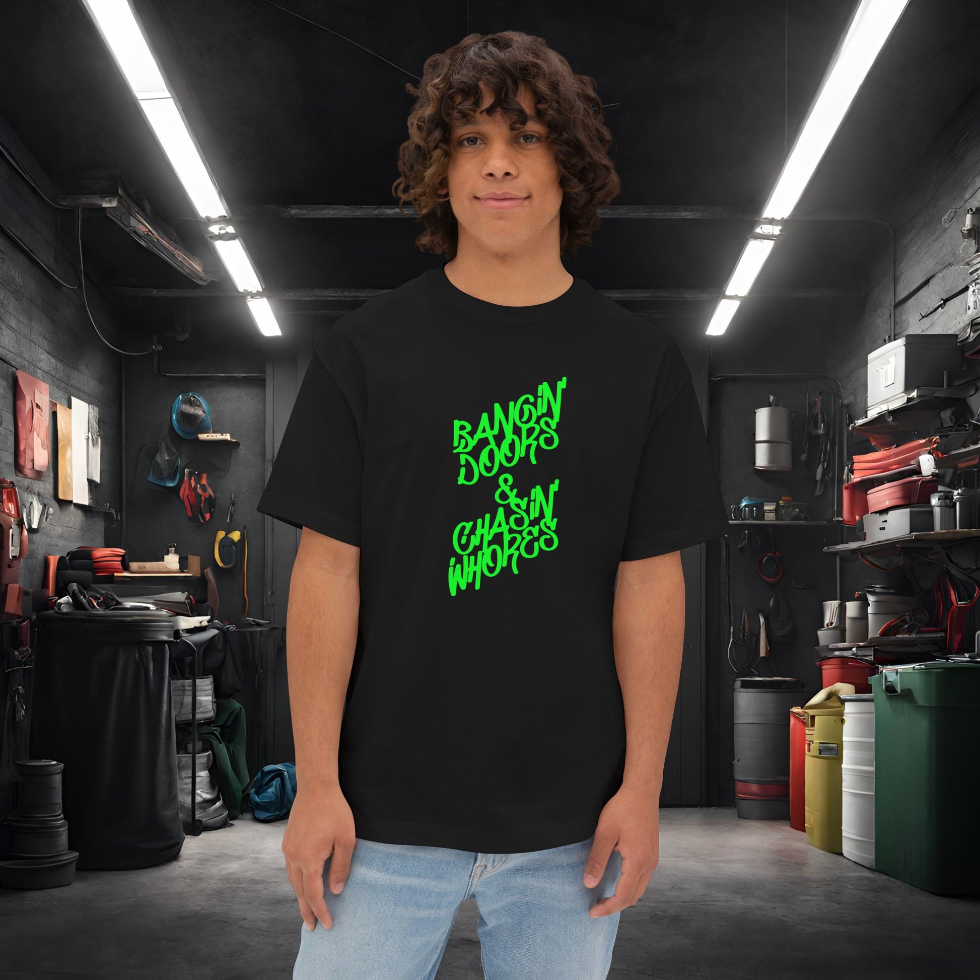 Bangin' Doors & Chasin' Whores-Premium, Ultra Soft Unisex Oversized Boxy Tee Black Printify by The Night Shift Automotive Apparel