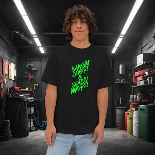 Bangin' Doors & Chasin' Whores-Premium, Ultra Soft Unisex Oversized Boxy Tee Black Printify by The Night Shift Automotive Apparel