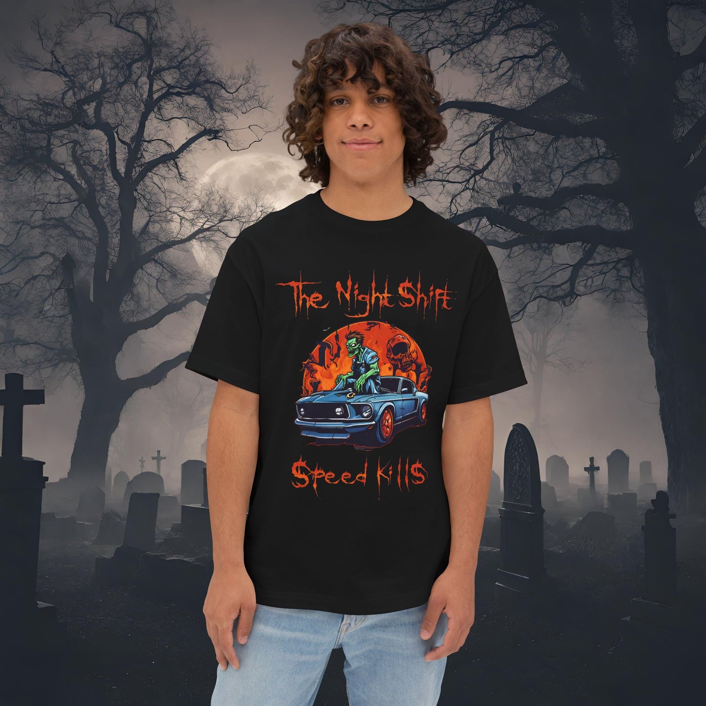 Speed Kills Zombie Mustang-Premium, Ultra Soft Unisex Oversized Boxy Tee Black Printify by The Night Shift Automotive Apparel