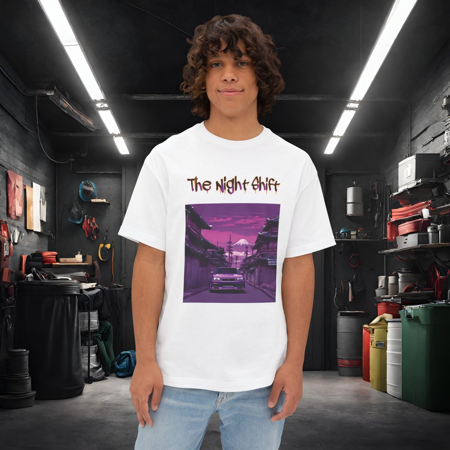 Nissan Skyline R34 Japanese Traditional Village-Premium, Ultra Soft Unisex Oversized Boxy Tee White Printify by The Night Shift Automotive Apparel