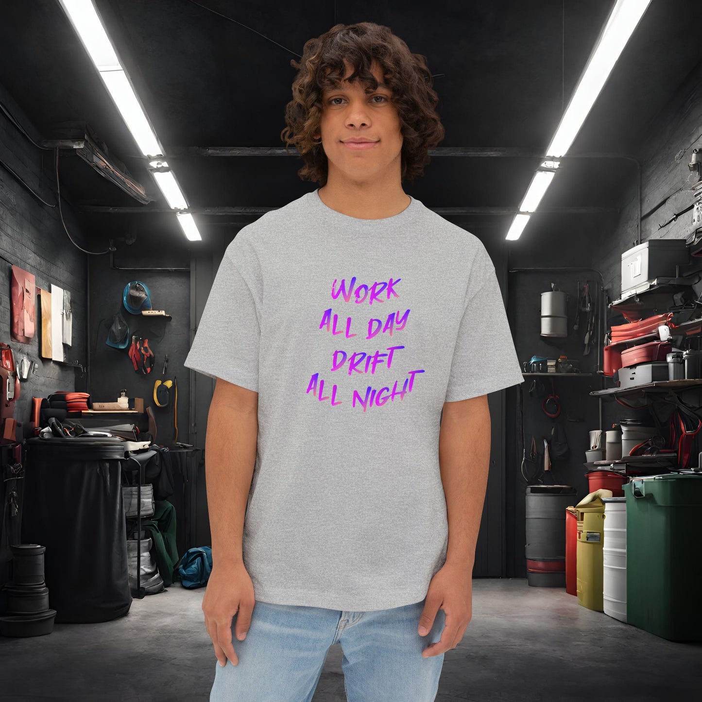 Work All Day, Drift All Night-Premium, Ultra Soft Unisex Oversized Boxy Tee Athletic Heather Printify by The Night Shift Automotive Apparel
