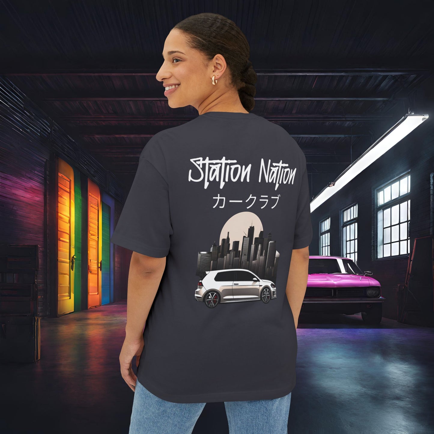 Station Nation-Premium, Ultra Soft Unisex Oversized Boxy Tee Dark Grey Printify by The Night Shift Automotive Apparel