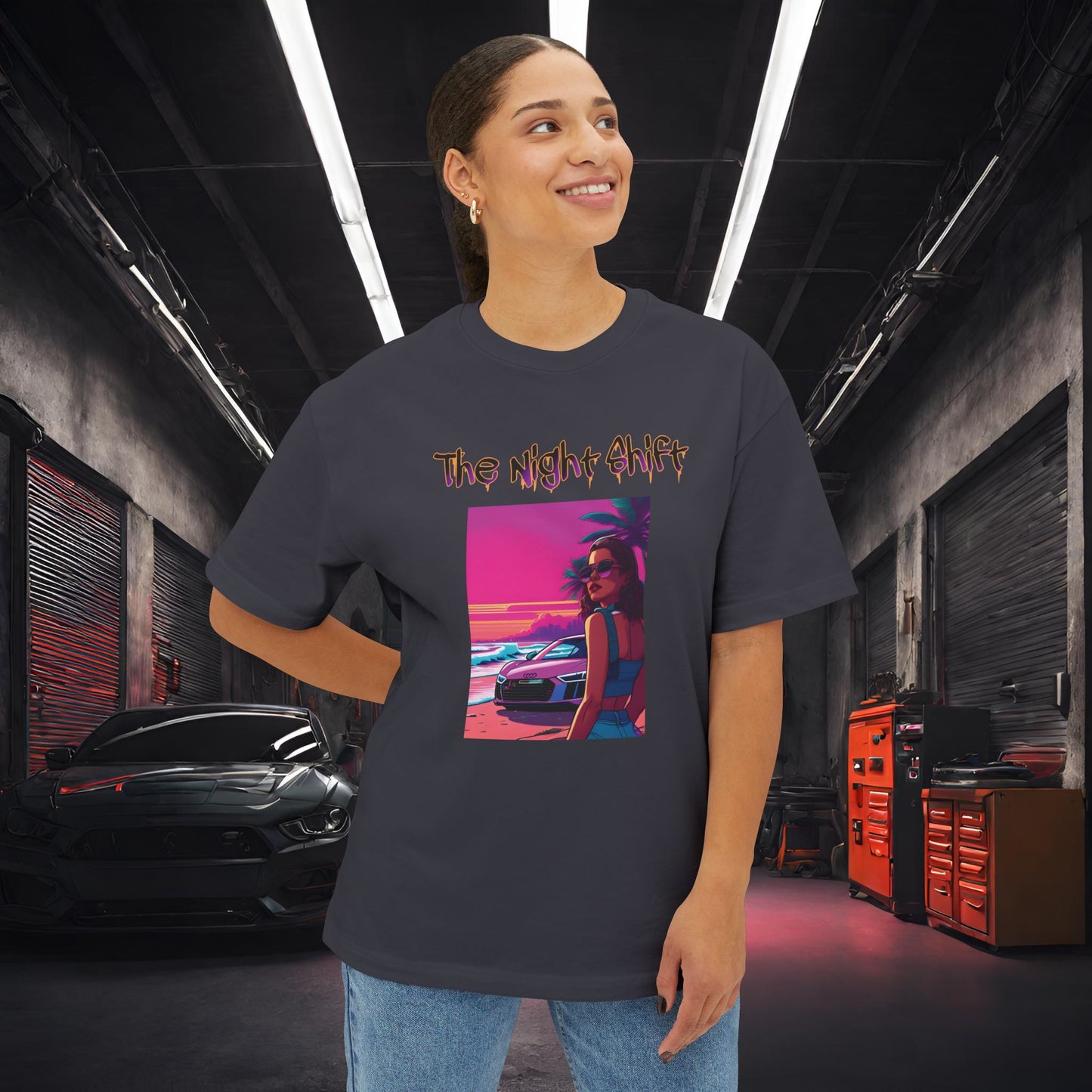 Audi R8 Beach Cruise Synthwave-Premium, Ultra Soft Unisex Oversized Boxy Tee Printify by The Night Shift Automotive Apparel