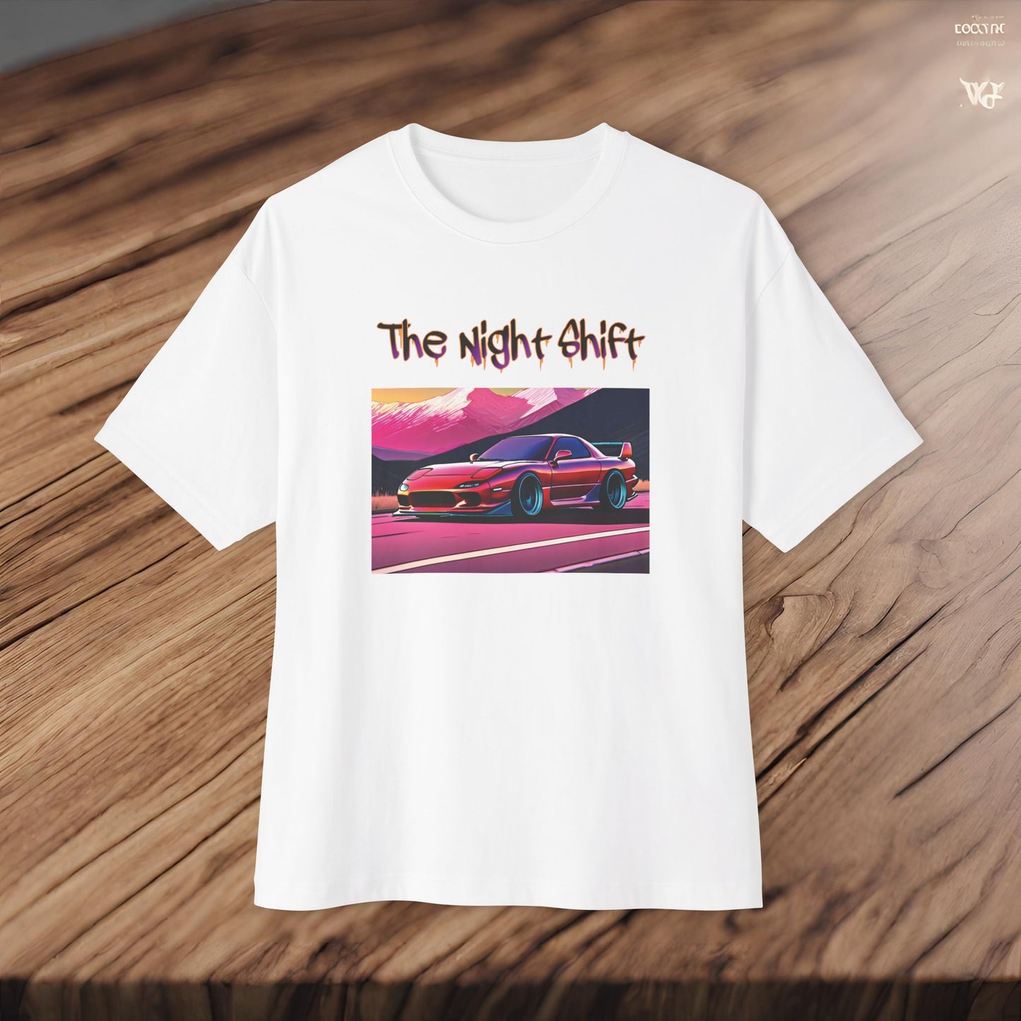 Mazda RX7 Synthwave-Premium, Ultra Soft Unisex Oversized Boxy Tee Printify by The Night Shift Automotive Apparel