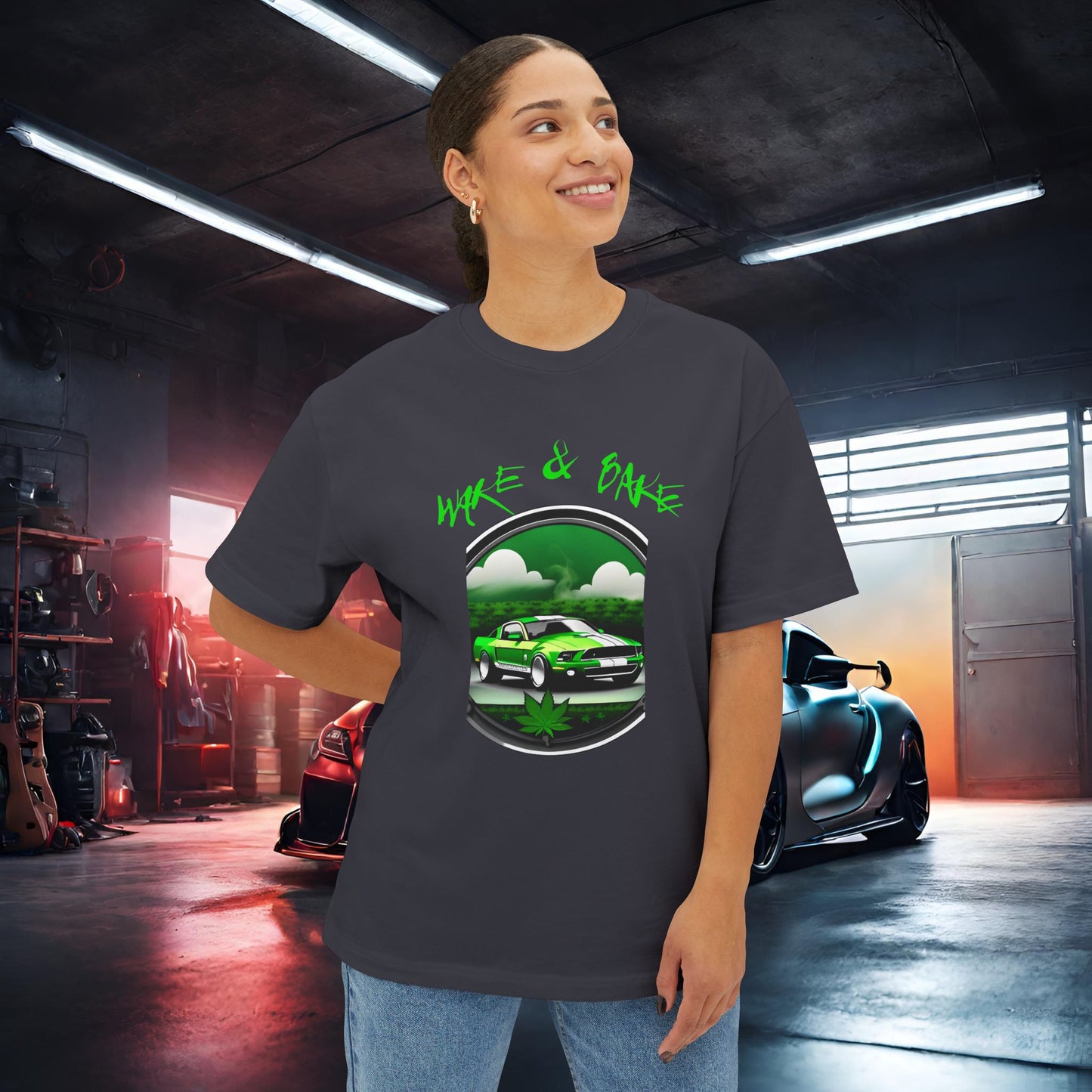 Wake And Bake-Premium, Ultra Soft Unisex Oversized Boxy Tee Printify by The Night Shift Automotive Apparel