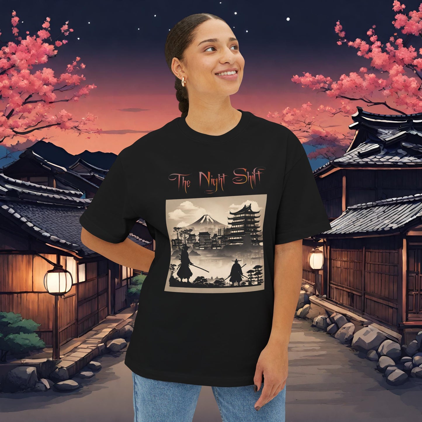 Samurai Silhouette-Premium, Ultra Soft Unisex Oversized Boxy Tee Printify by The Night Shift Automotive Apparel