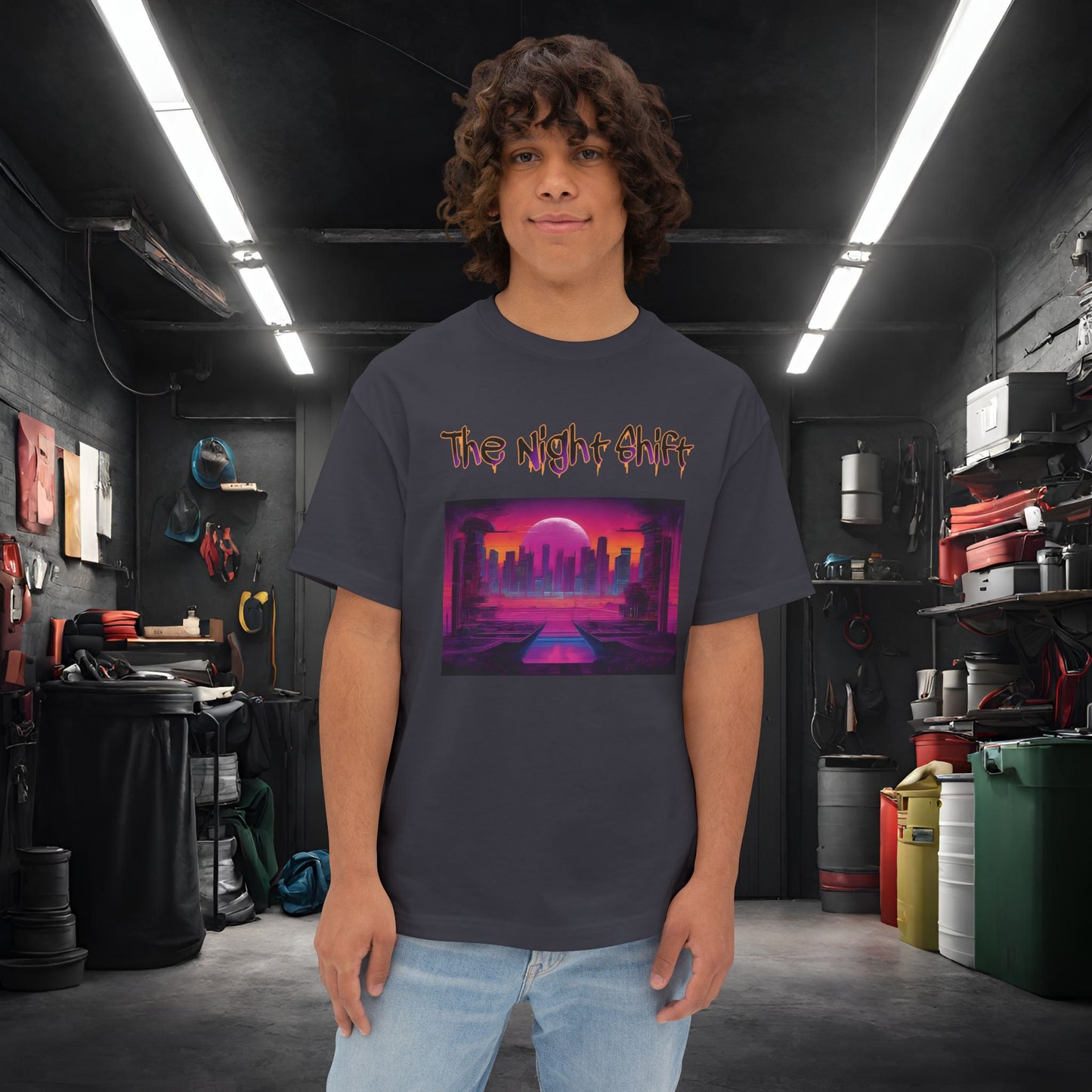 Moonlight City Synthwave-Premium, Ultra Soft Unisex Oversized Boxy Tee Dark Grey Printify by The Night Shift Automotive Apparel