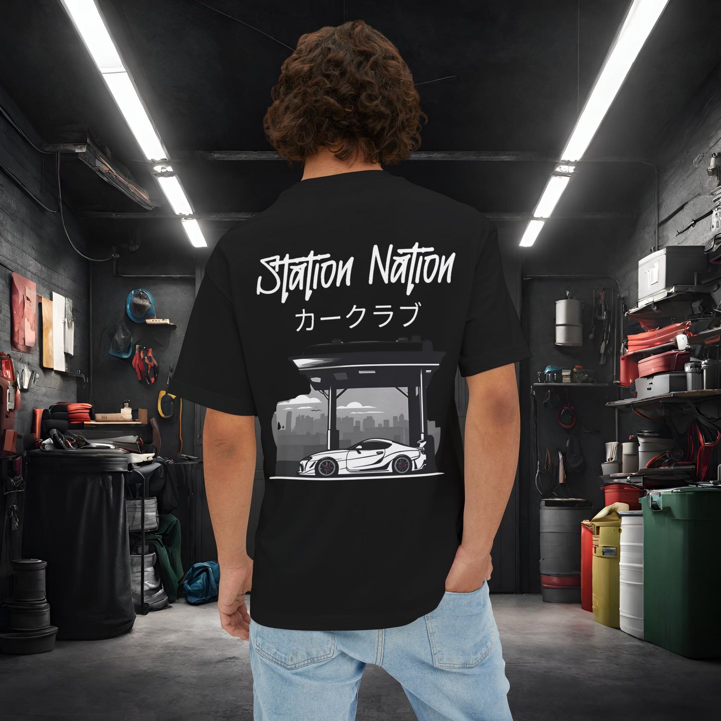 Station Nation-Premium, Ultra Soft Unisex Oversized Boxy Tee Black Printify by The Night Shift Automotive Apparel