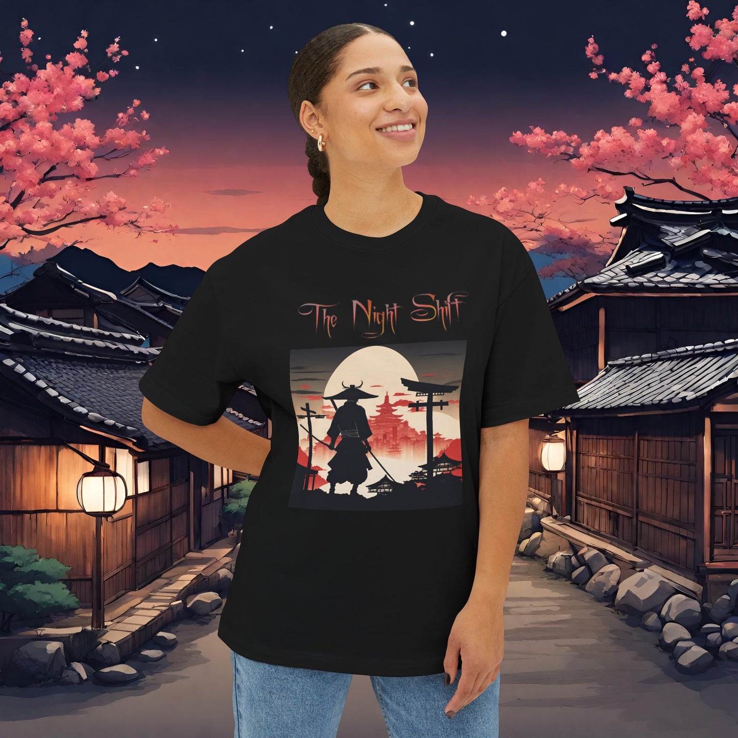 Samurai Full Moon Silhouette-Premium, Ultra Soft Unisex Oversized Boxy Tee Printify by The Night Shift Automotive Apparel