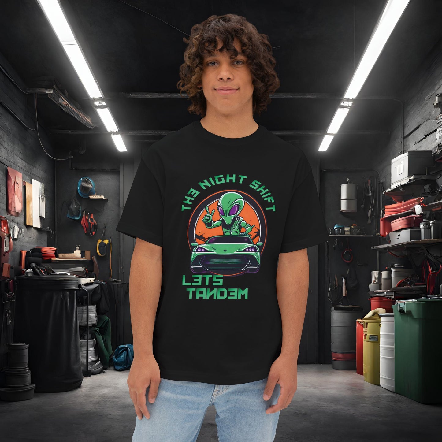 Lets Tandem Alien-Premium, Ultra Soft, Unisex Oversized Boxy Tee Black Printify by The Night Shift Automotive Apparel