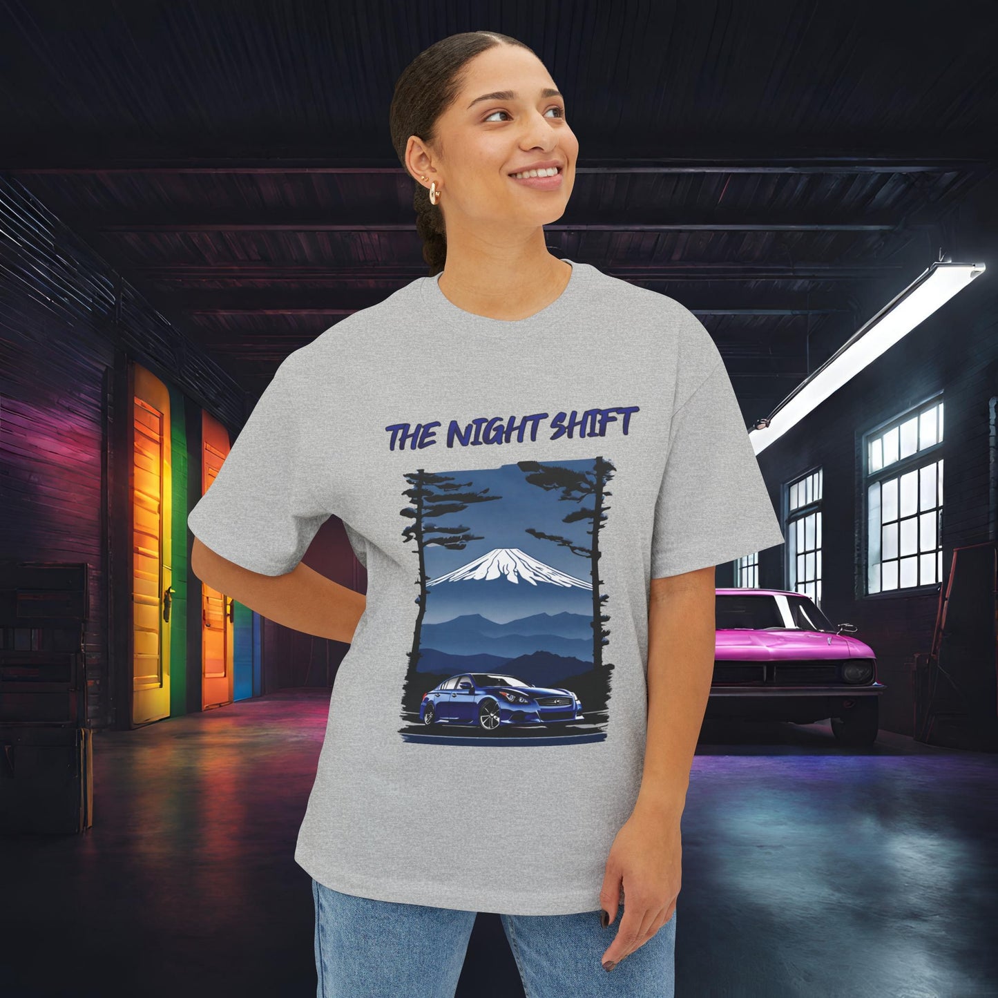 Infiniti G37 Sedan Mt Fuji-Premium, Ultra Soft Unisex Oversized Boxy Tee Printify by The Night Shift Automotive Apparel