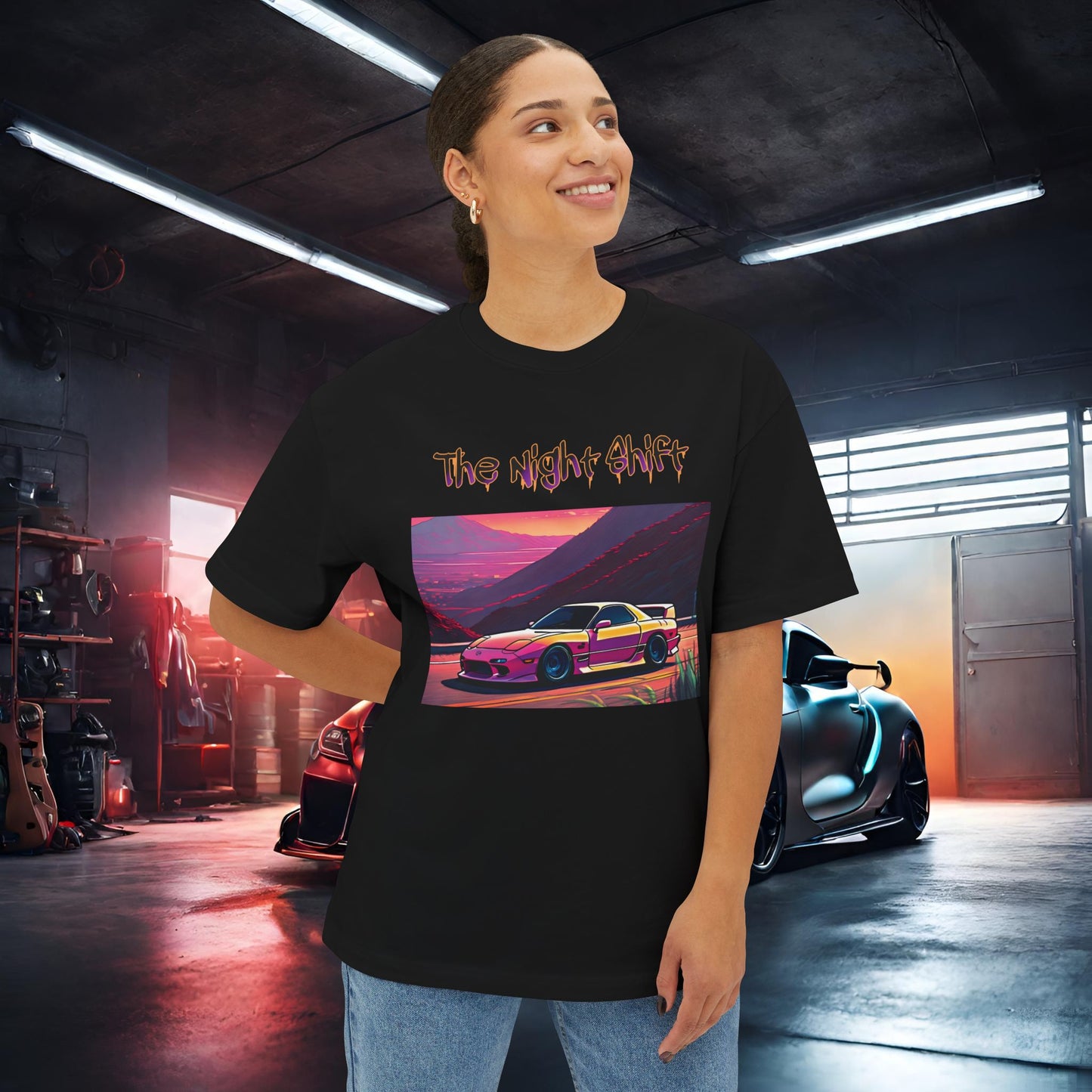 Mazda RX7 Synthwave-Premium, Ultra Soft Unisex Oversized Boxy Tee Printify by The Night Shift Automotive Apparel