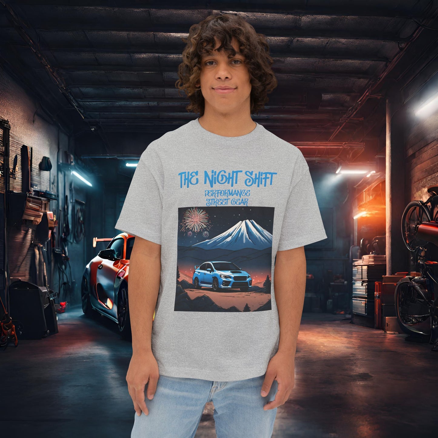 Subaru WRX/STI Fireworks In The Mountains-Premium, Ultra Soft Unisex Oversized Boxy Tee Athletic Heather Printify by The Night Shift Automotive Apparel