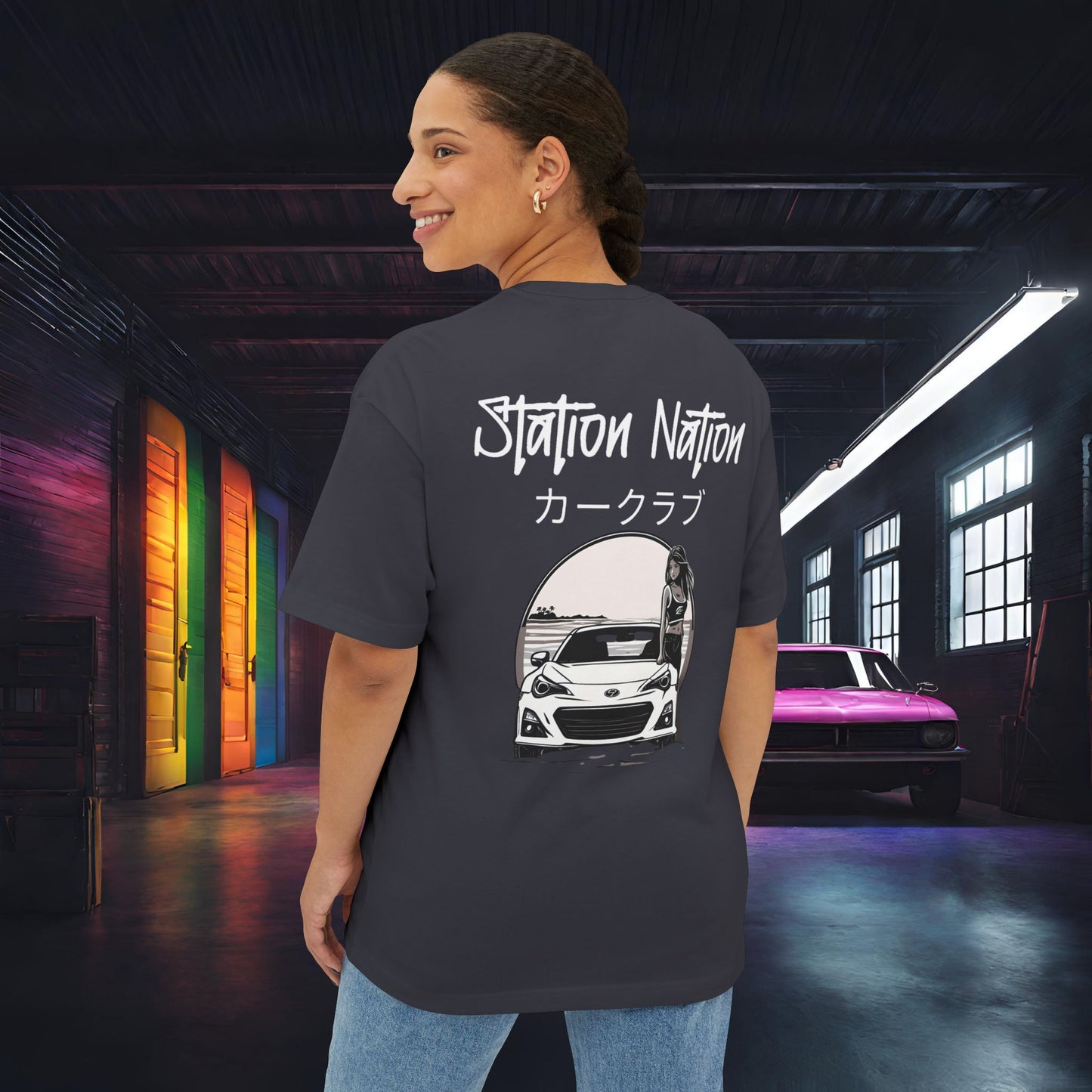 Station Nation-Premium, Ultra Soft Unisex Oversized Boxy Tee Dark Grey Printify by The Night Shift Automotive Apparel