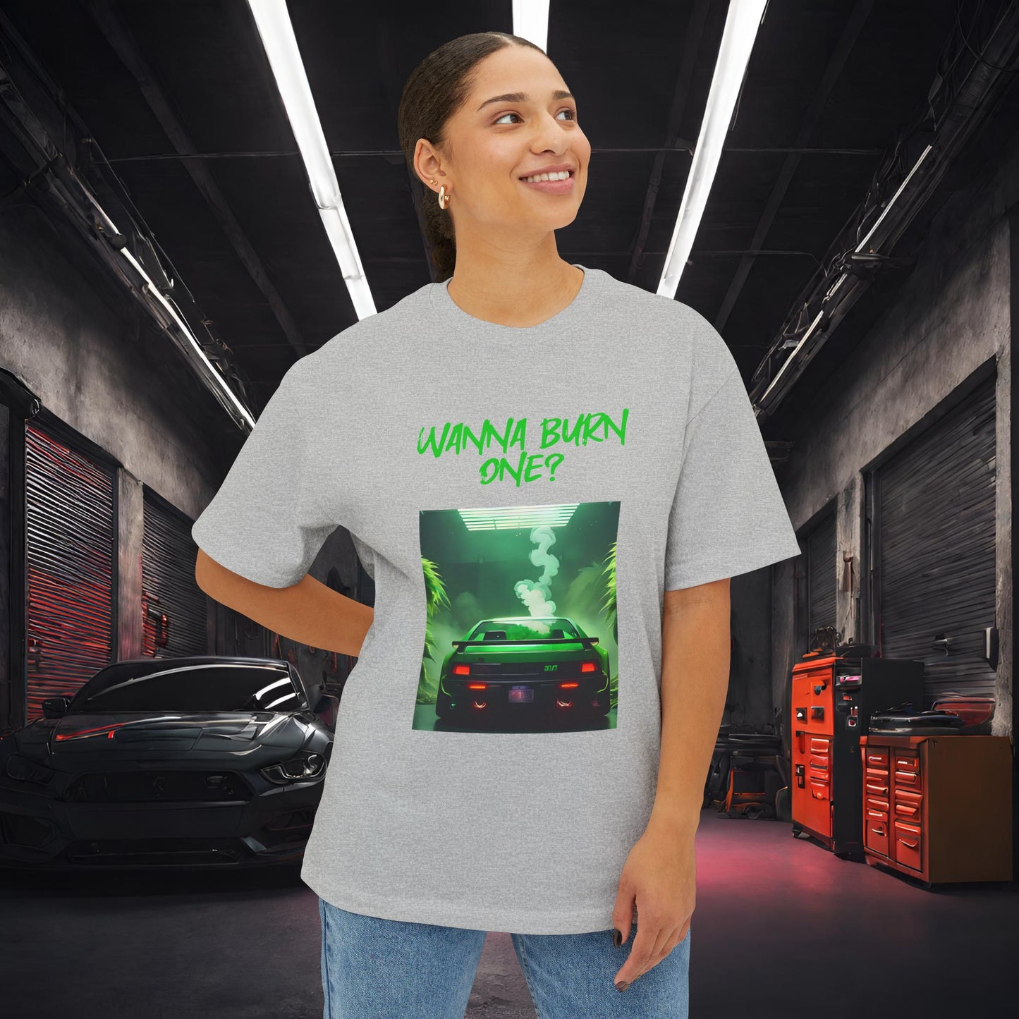 Wanna Burn One-Premium, Ultra Soft Unisex Oversized Boxy Tee Printify by The Night Shift Automotive Apparel