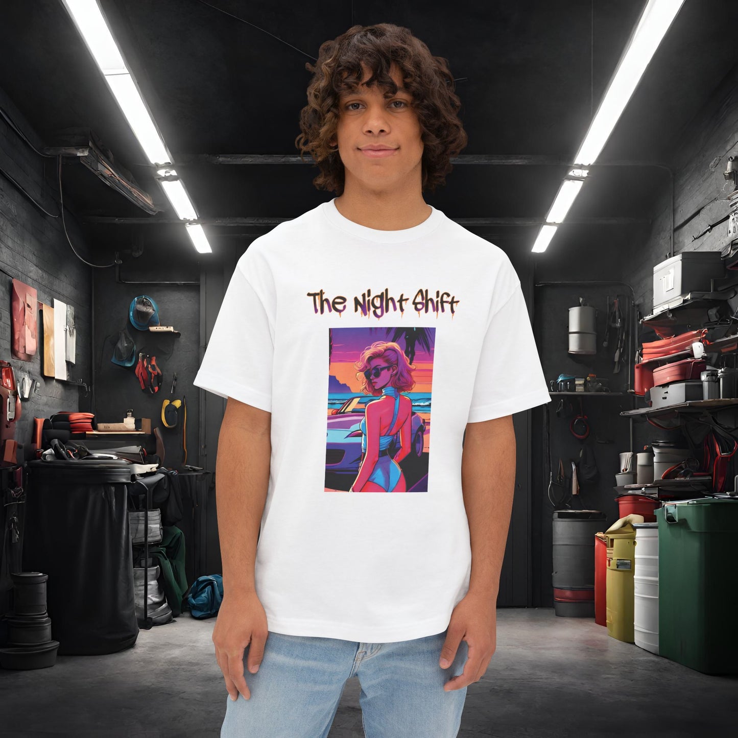 Miata Beach Days Synthwave-Premium, Ultra Soft Unisex Oversized Boxy Tee White Printify by The Night Shift Automotive Apparel