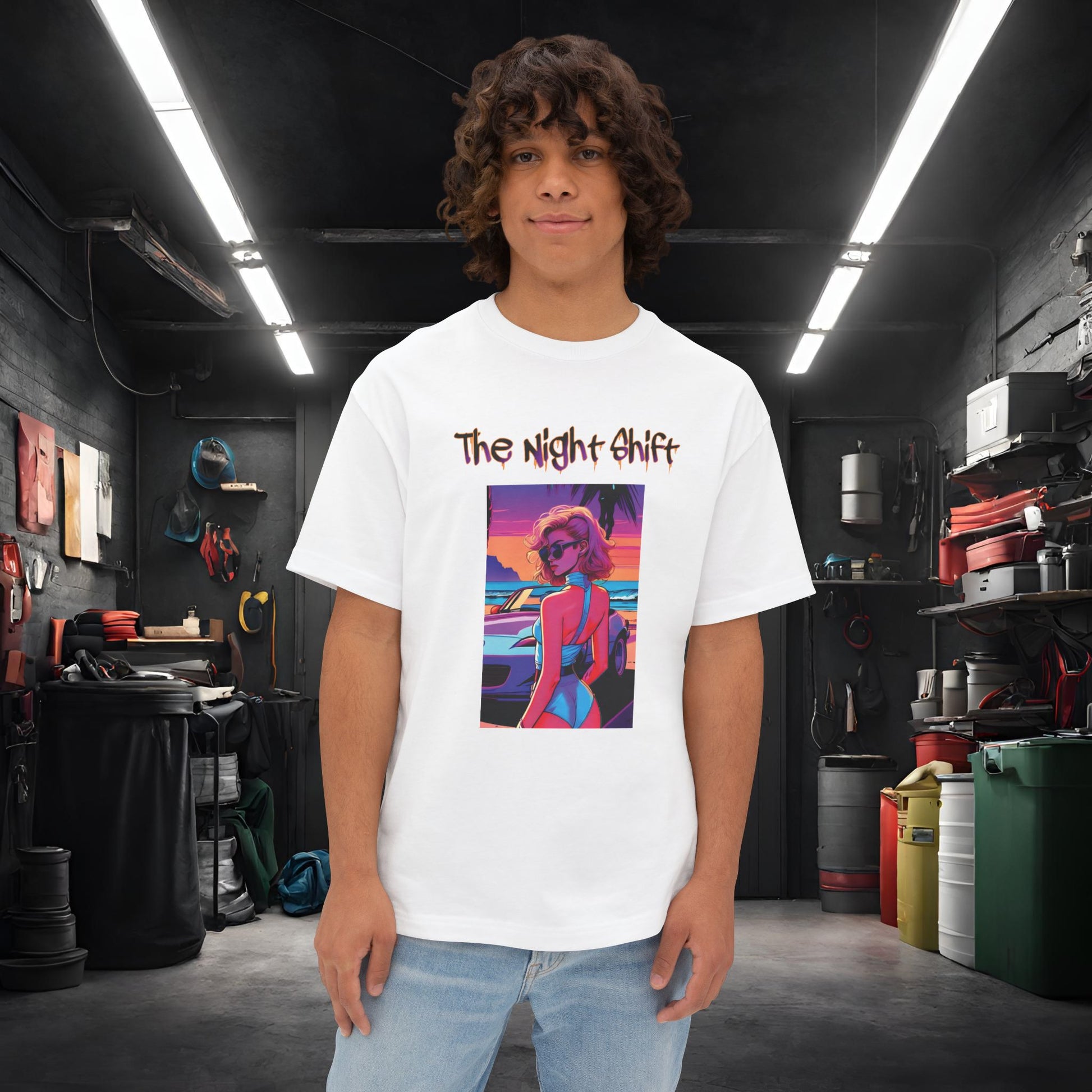 Miata Beach Days Synthwave-Premium, Ultra Soft Unisex Oversized Boxy Tee White Printify by The Night Shift Automotive Apparel