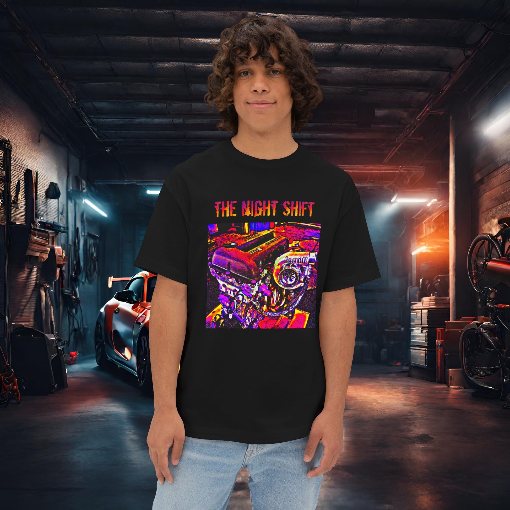 SR20DET Synthwave-Premium, Ultra Soft Unisex Oversized Boxy Tee Black Printify by The Night Shift Automotive Apparel