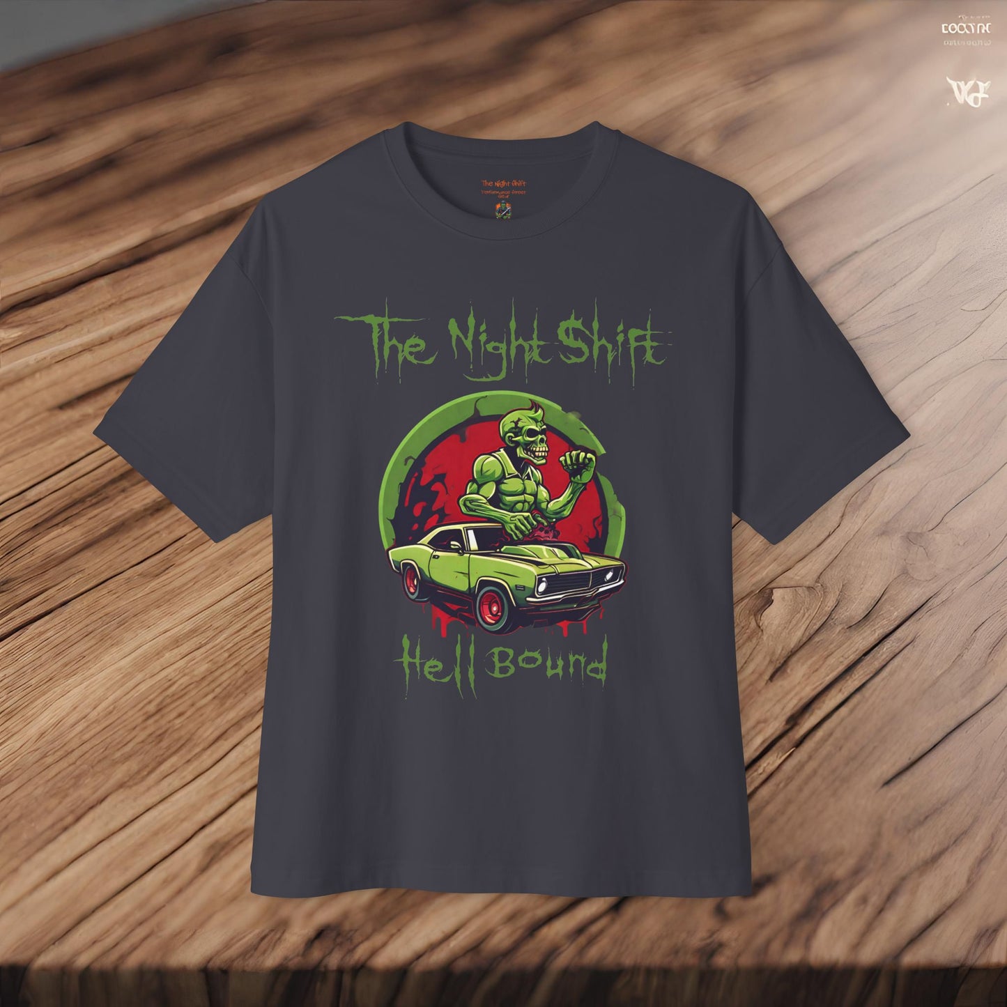 Hell Bound Zombie Muscle Car-Premium, Ultra Soft Unisex Oversized Boxy Tee Printify by The Night Shift Automotive Apparel