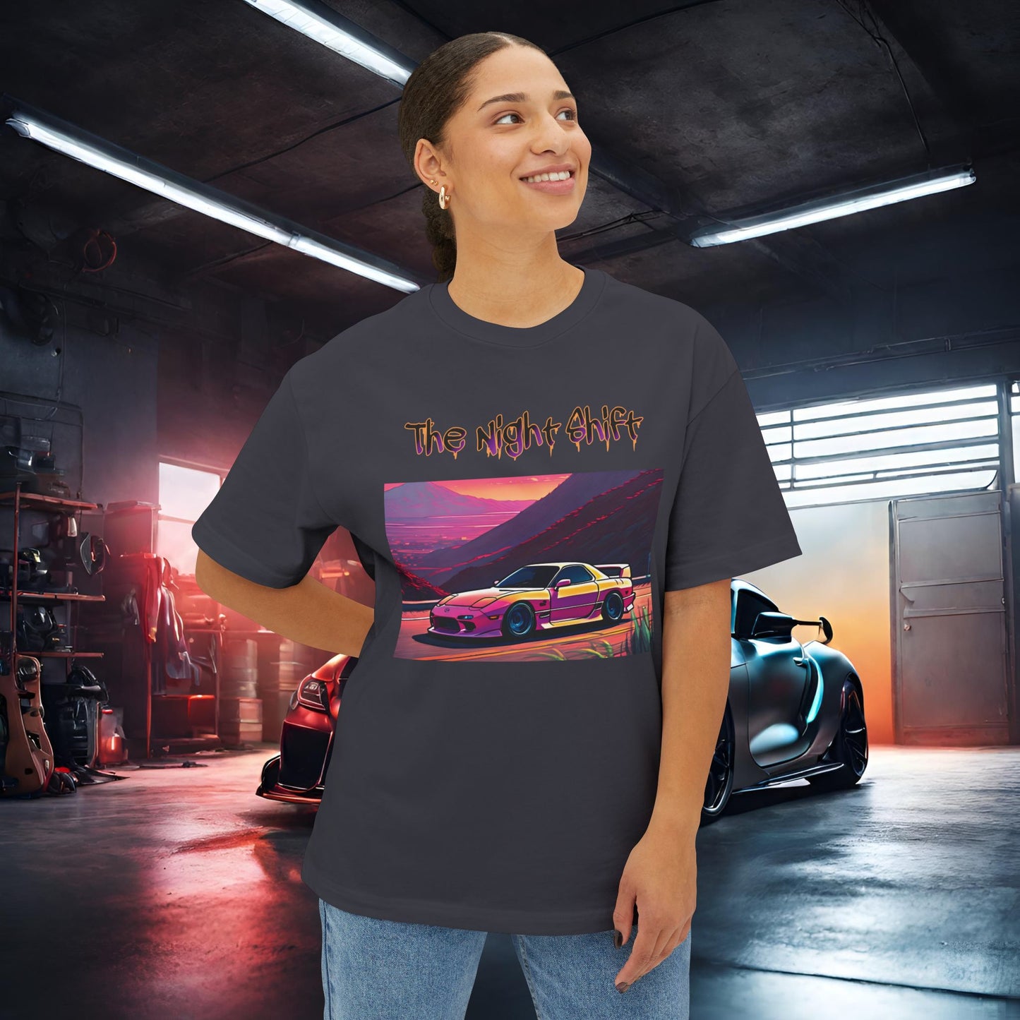 Mazda RX7 Synthwave-Premium, Ultra Soft Unisex Oversized Boxy Tee Printify by The Night Shift Automotive Apparel