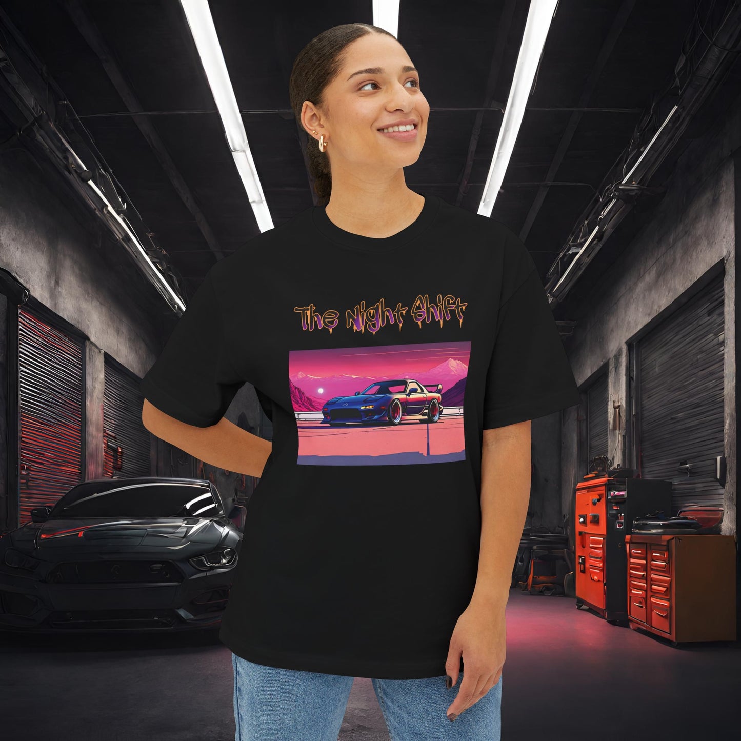 Mazda RX7 Synthwave-Premium, Ultra Soft Unisex Oversized Boxy Tee Printify by The Night Shift Automotive Apparel