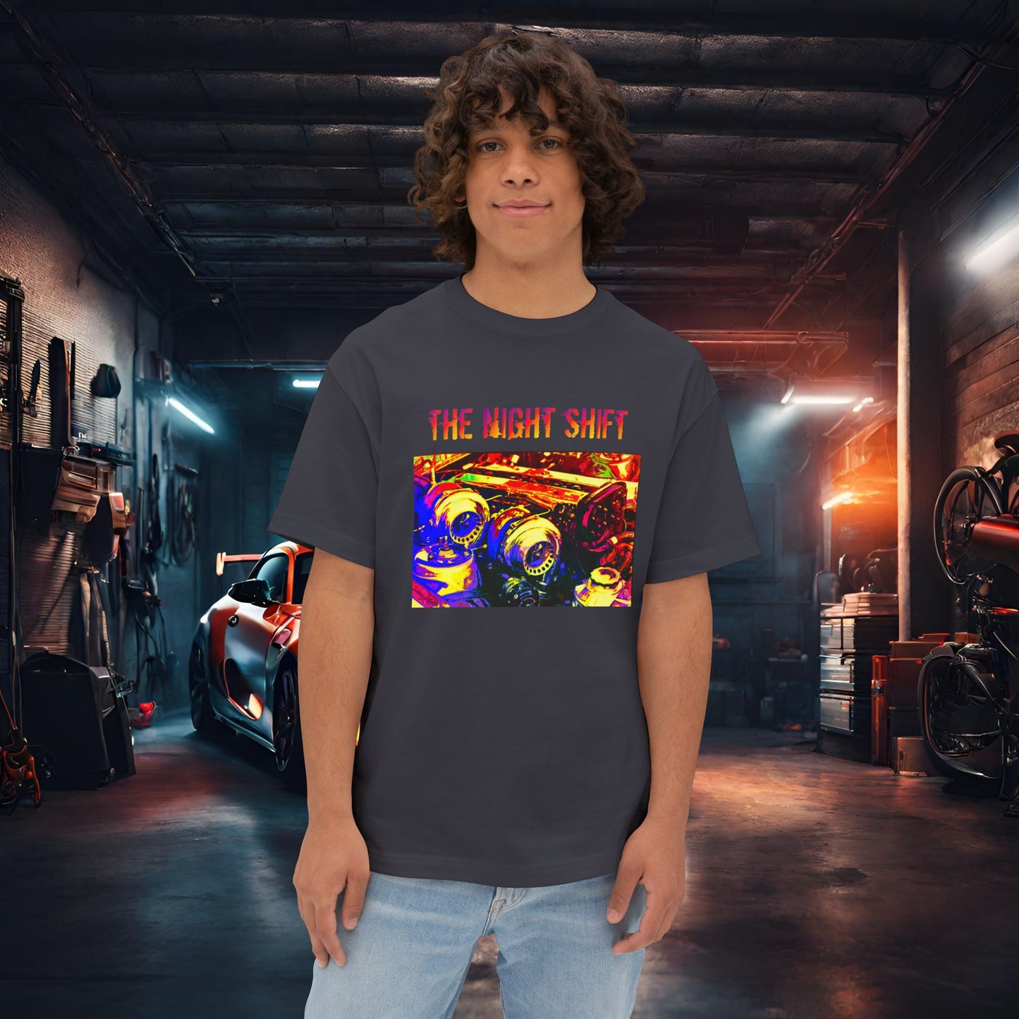 1JZ-GTE Twin Turbo Synthwave-Premium, Ultra Soft Unisex Oversized Boxy Tee Dark Grey Printify by The Night Shift Automotive Apparel
