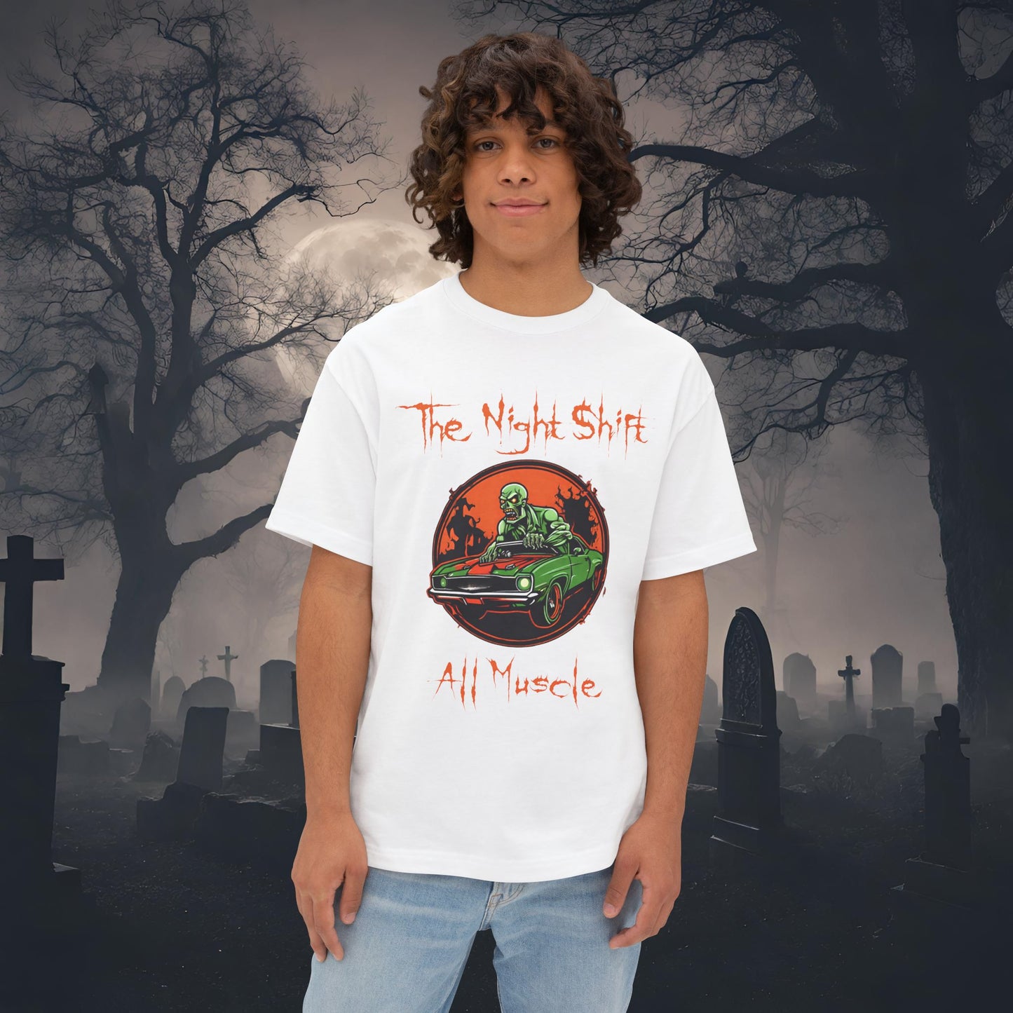 All Muscle Zombie Muscle Car-Premium, Ultra Soft Unisex Oversized Boxy Tee White Printify by The Night Shift Automotive Apparel