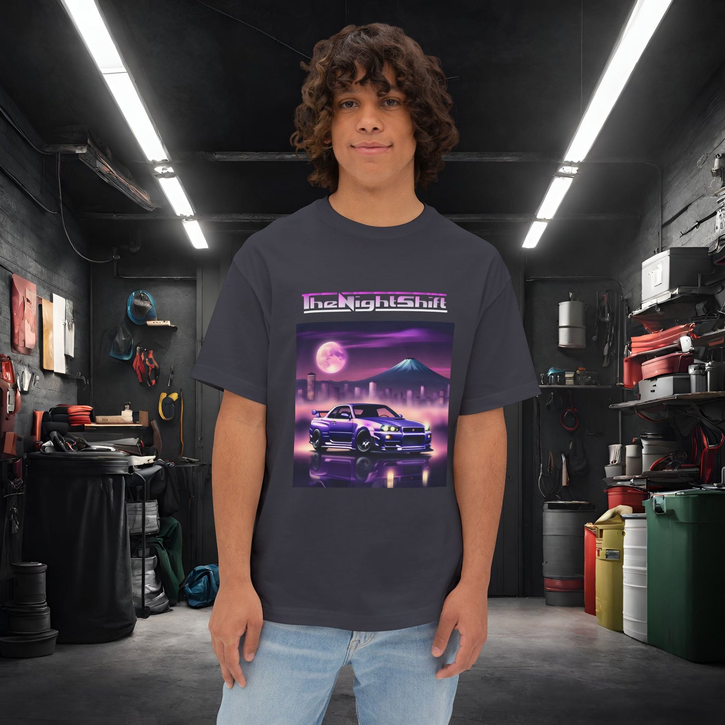 Nissan Skyline R34 Mt Fuji-Premium, Ultra Soft, Unisex Oversized Boxy Tee Dark Grey Printify by The Night Shift Automotive Apparel