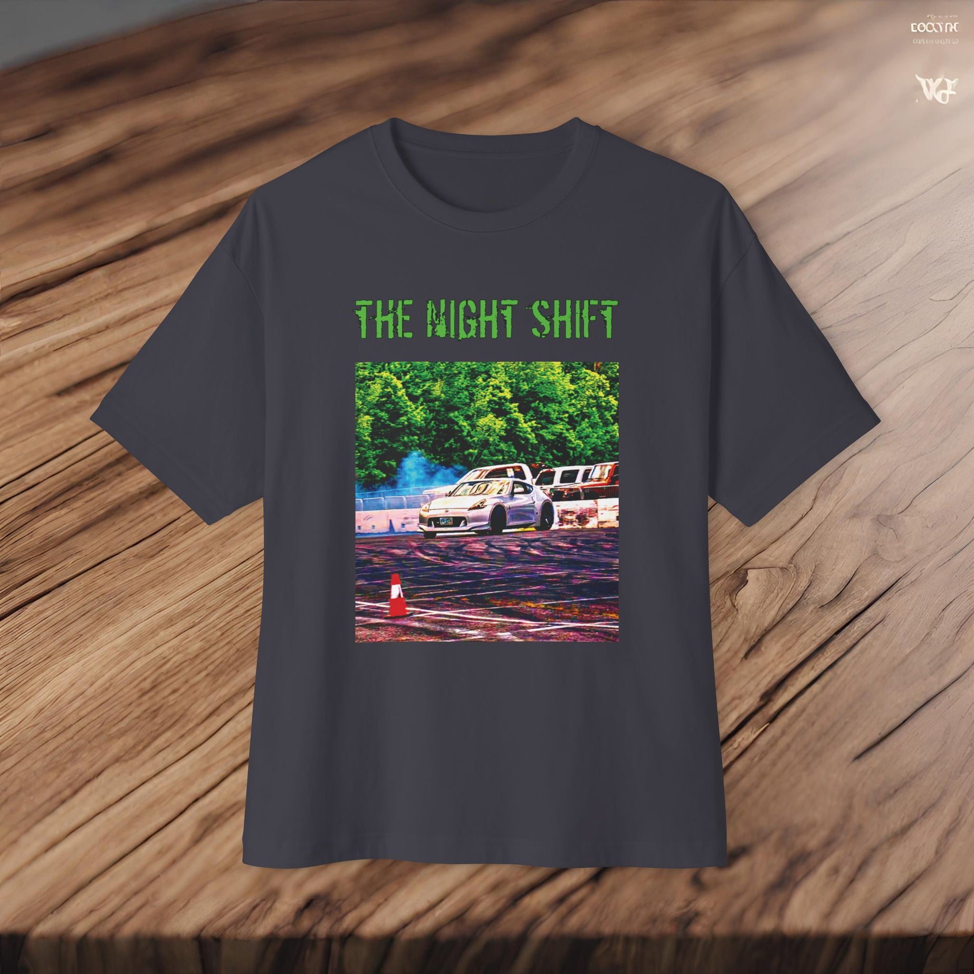 Nissan 370z Drifting Nedco NHMS-Premium, Ultra Soft Unisex Oversized Boxy Tee Printify by The Night Shift Automotive Apparel