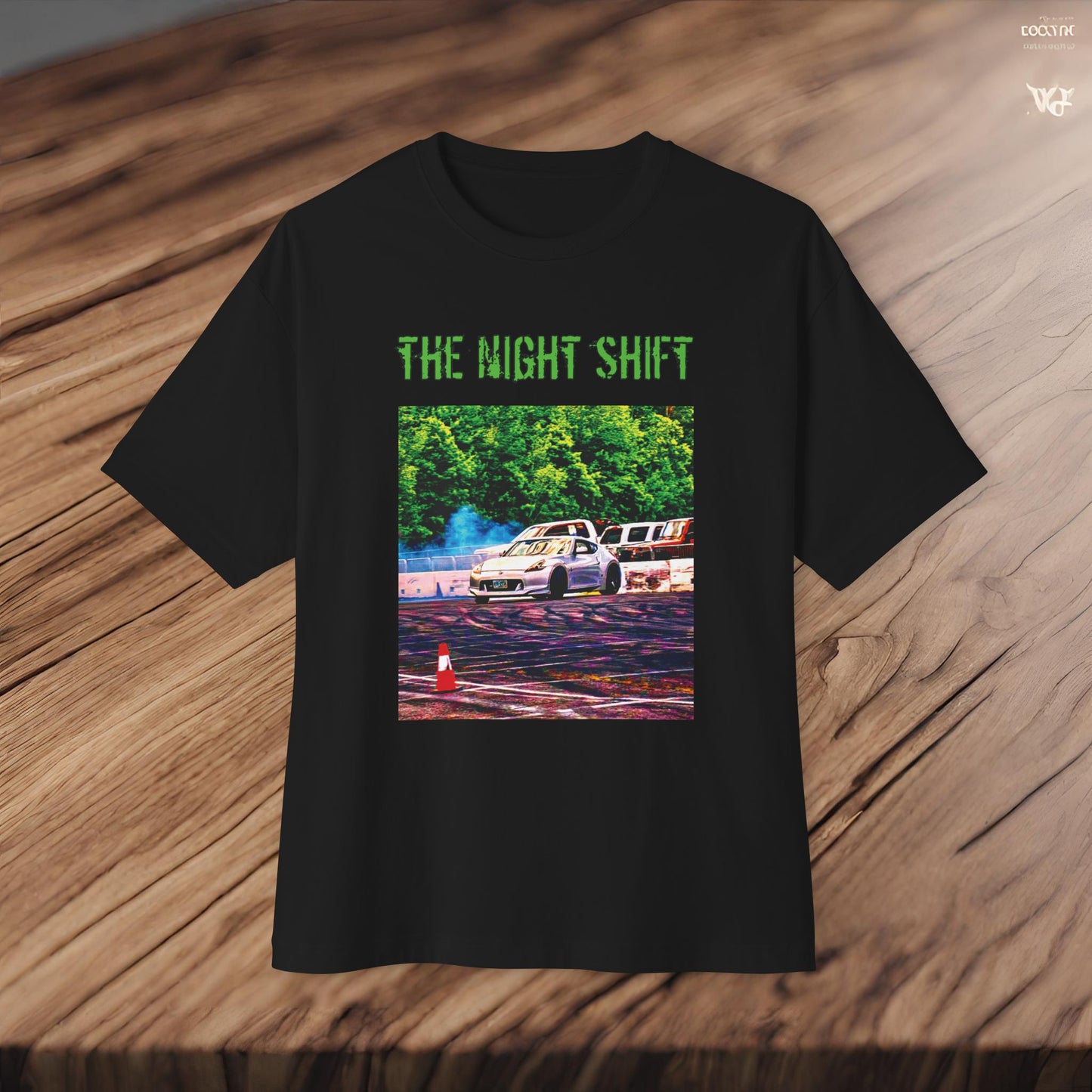 Nissan 370z Drifting Nedco NHMS-Premium, Ultra Soft Unisex Oversized Boxy Tee Printify by The Night Shift Automotive Apparel