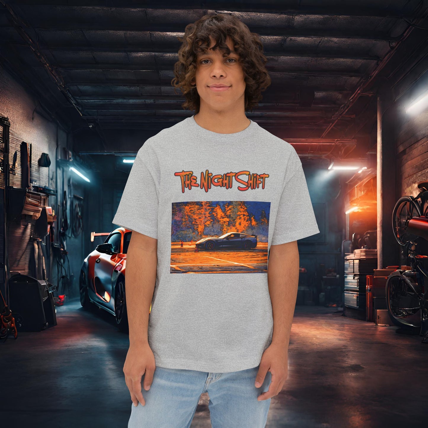 Chevy Corvette C7 Drifting Nedco NHMS-Premium, Ultra Soft Unisex Oversized Boxy Tee Athletic Heather Printify by The Night Shift Automotive Apparel
