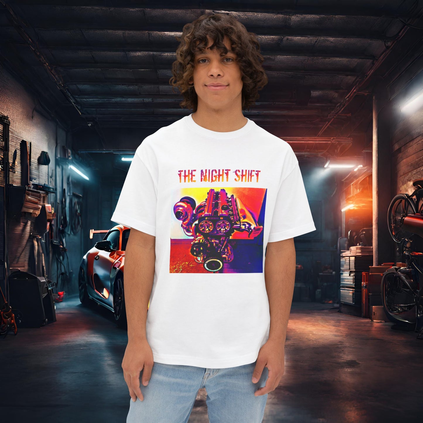 2JZ-GTE Single Turbo Synthwave-Premium, Ultra Soft Unisex Oversized Boxy Tee White Printify by The Night Shift Automotive Apparel