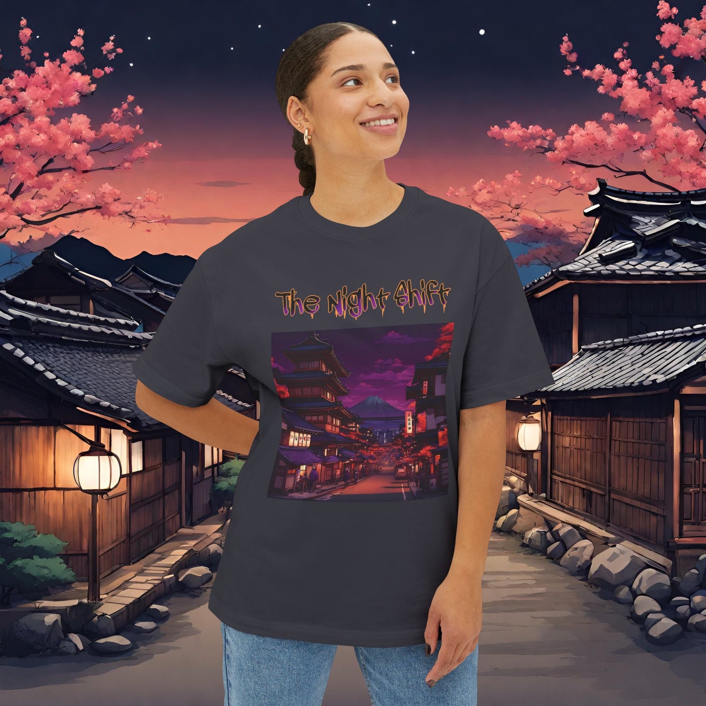 Volcanic Japanese Village-Premium, Ultra Soft Unisex Oversized Boxy Tee Printify by The Night Shift Automotive Apparel