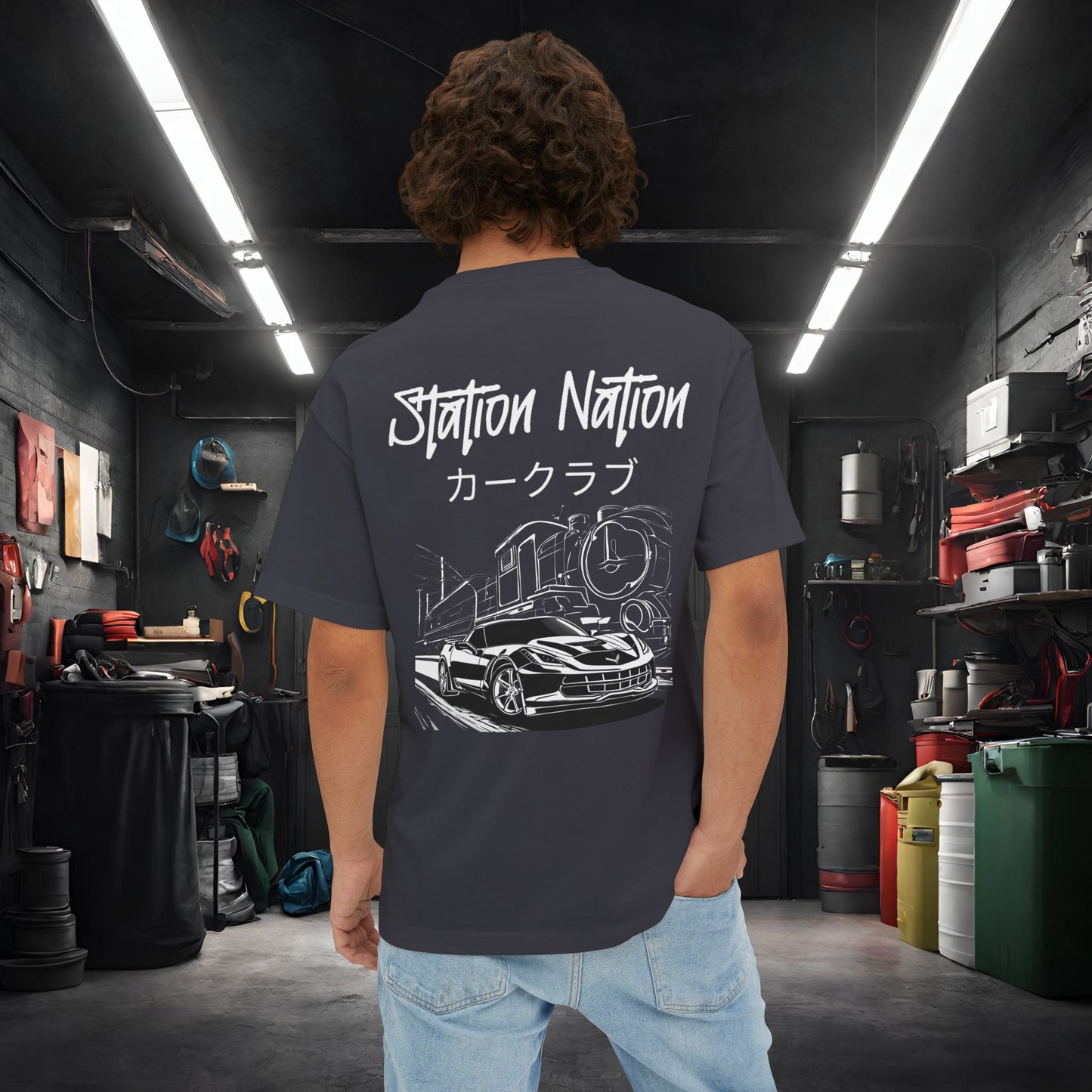 Station Nation-Premium, Ultra Soft Unisex Oversized Boxy Tee Dark Grey Printify by The Night Shift Automotive Apparel