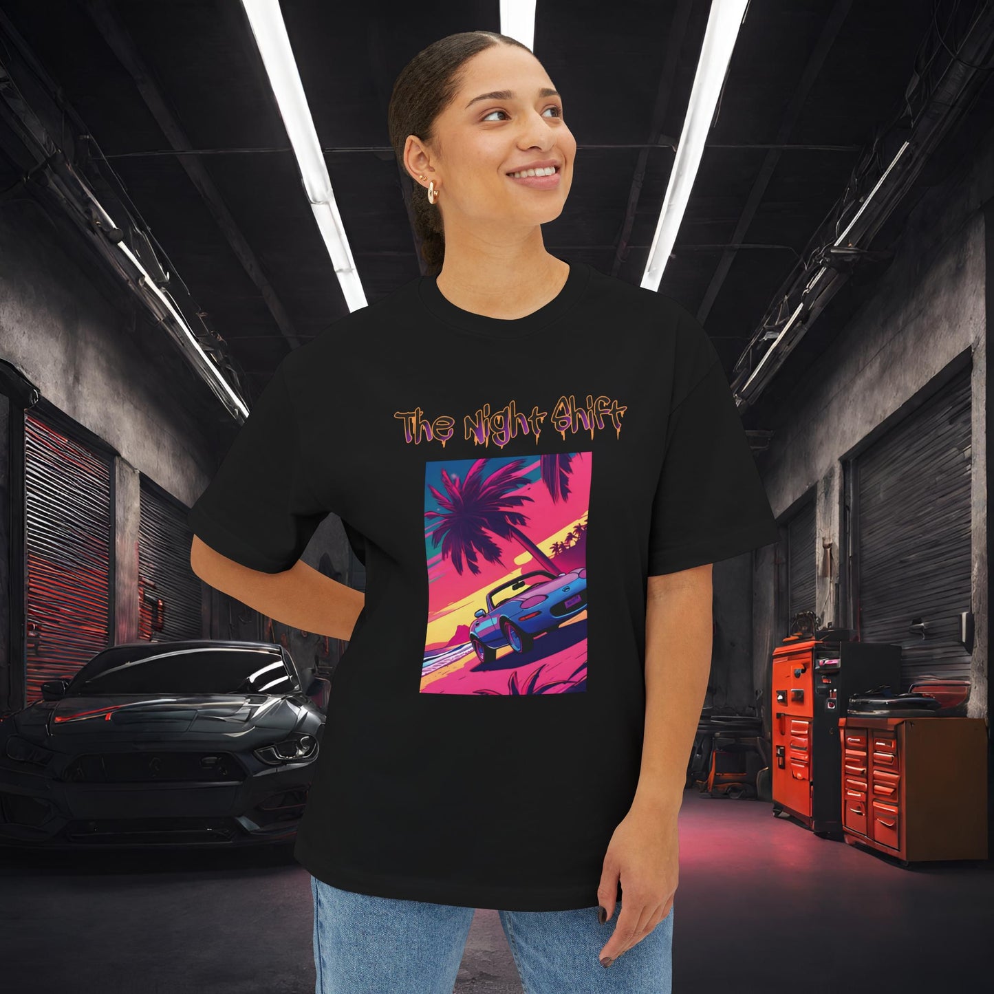 Miata Topless Beach Cruise Synthwave-Premium, Ultra Soft Unisex Oversized Boxy Tee Printify by The Night Shift Automotive Apparel