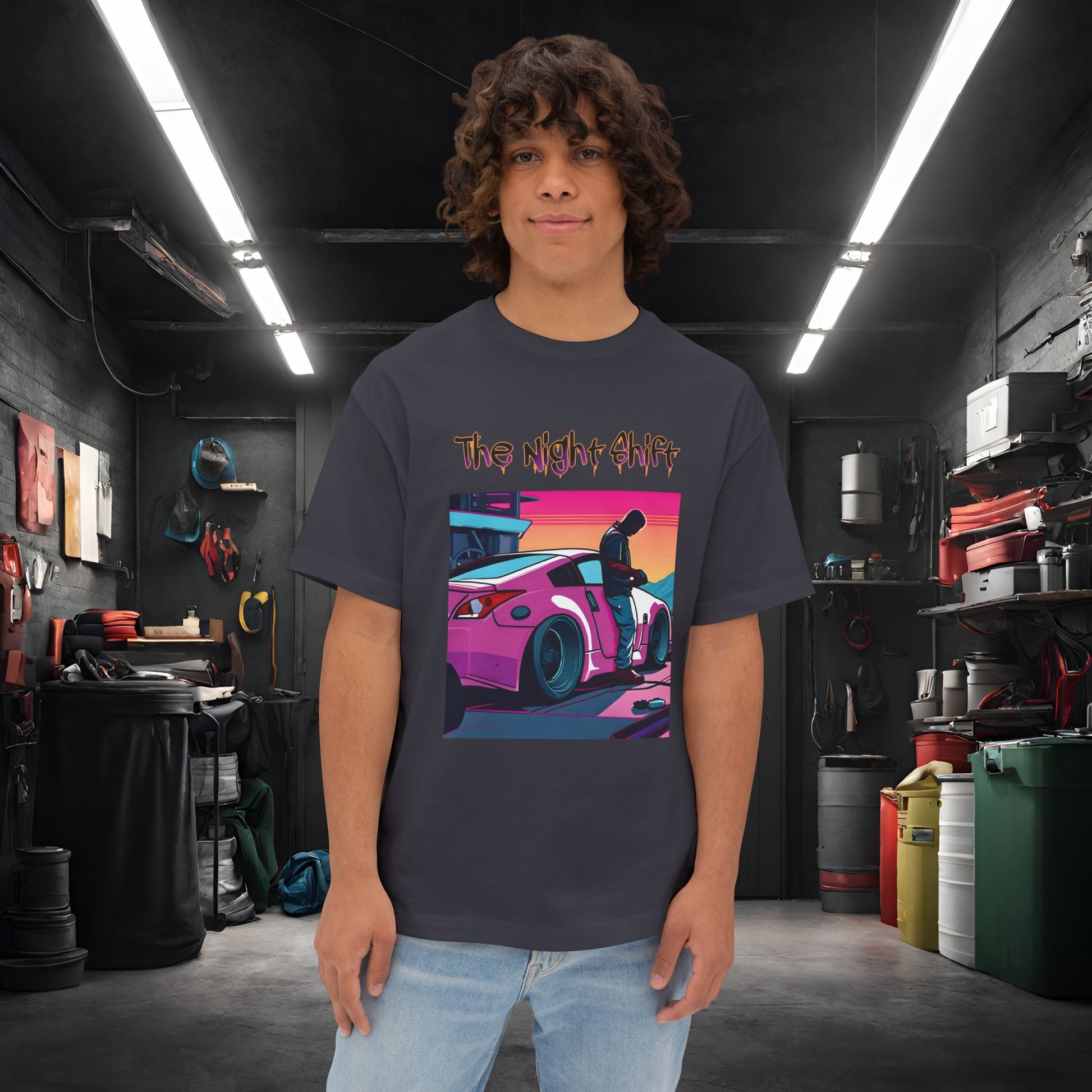 Nissan 370z Synthwave-Premium, Ultra Soft Unisex Oversized Boxy Tee Dark Grey Printify by The Night Shift Automotive Apparel